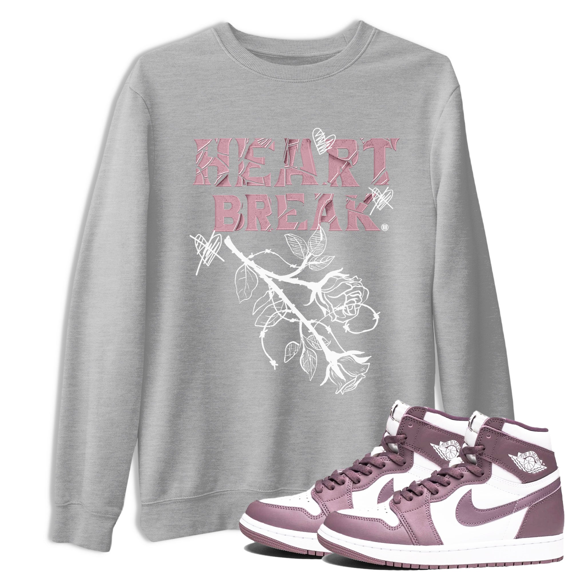 Air Jordan 1 Mauve shirt to match jordans Heart Break sneaker matching Sneaker Matching Tee Jordan 1 High OG Mauve Drip Gear Zone Unisex Heather Grey 1 Sneaker Matching Tee