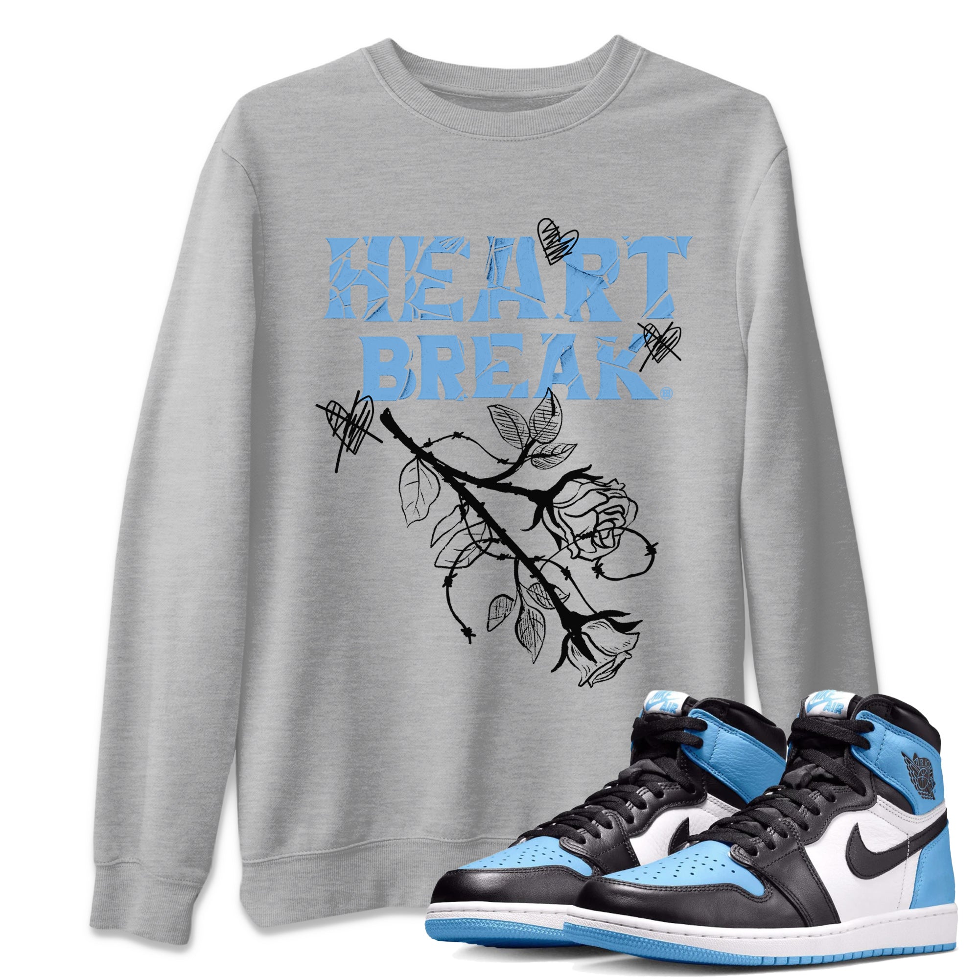 Air Jordan 1 Retro High OG UNC Toe Shirt to match Jordans Heart Break Streetwear Sneaker Shirt UNC Toe 1s Tees Crew Neck T-Shirts Heather Grey 1