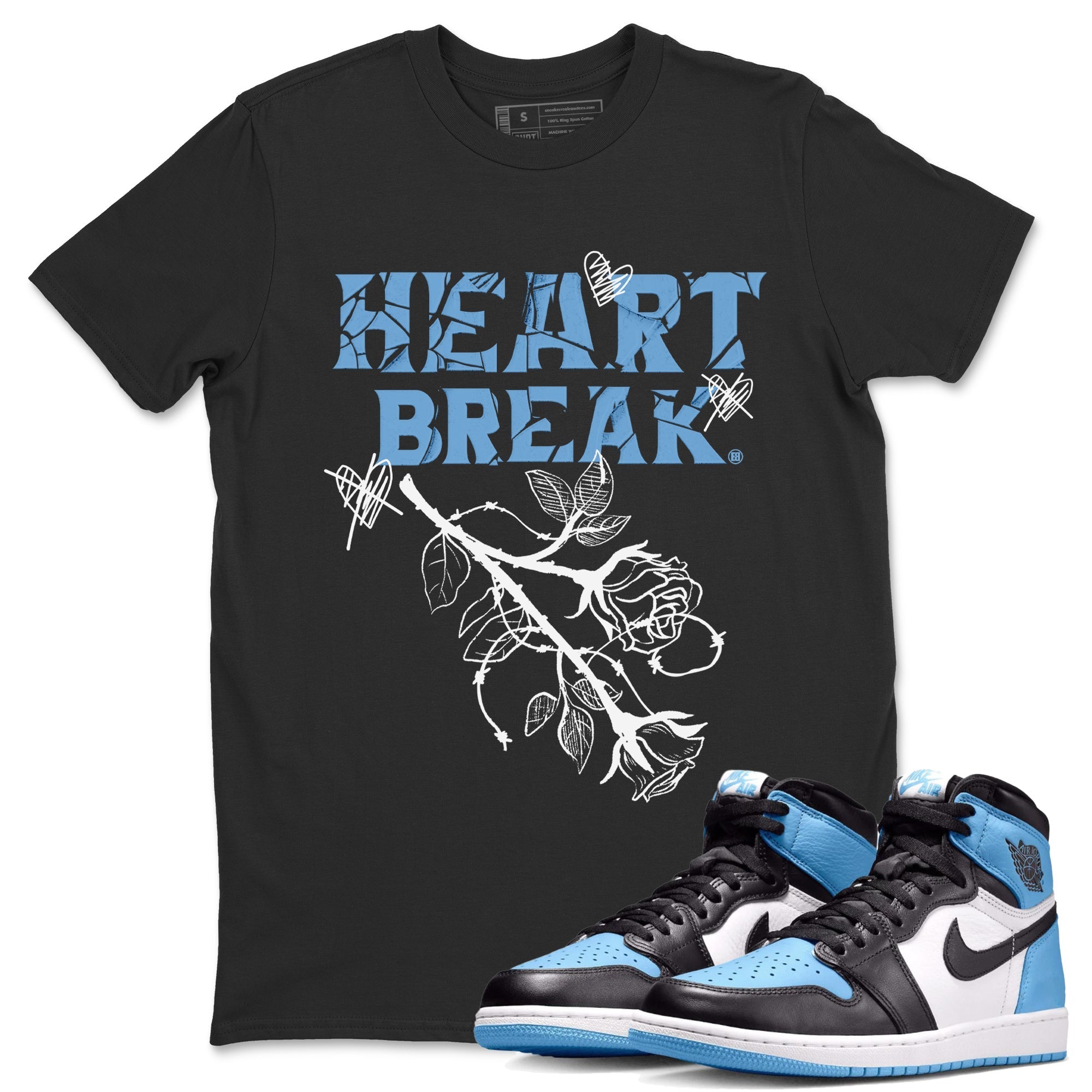 Air Jordan 1 Retro High OG UNC Toe Shirt to match Jordans Heart Break Streetwear Sneaker Shirt UNC Toe 1s Tees Crew Neck T-Shirts Black 1