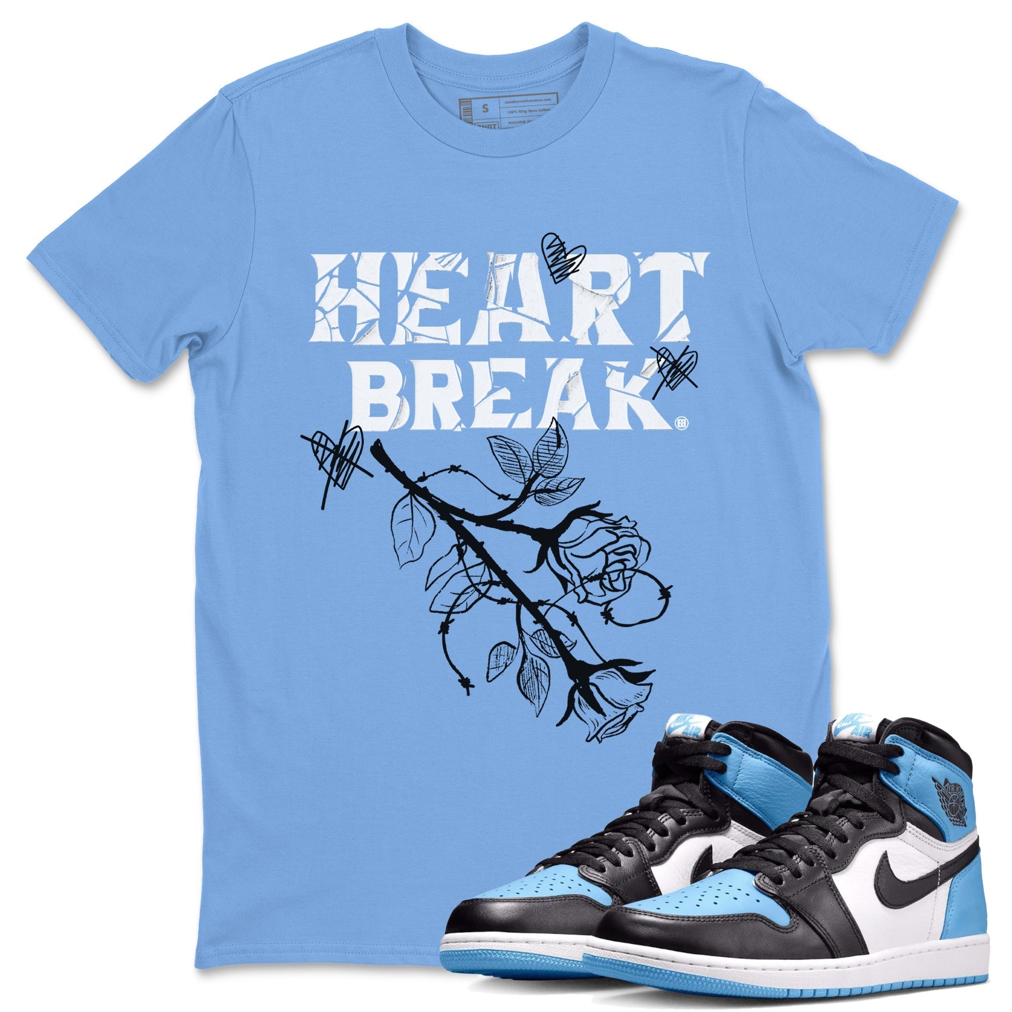 Air Jordan 1 Retro High OG UNC Toe Shirt to match Jordans Heart Break Streetwear Sneaker Shirt UNC Toe 1s Tees Crew Neck T-Shirts Carolina Blue 1