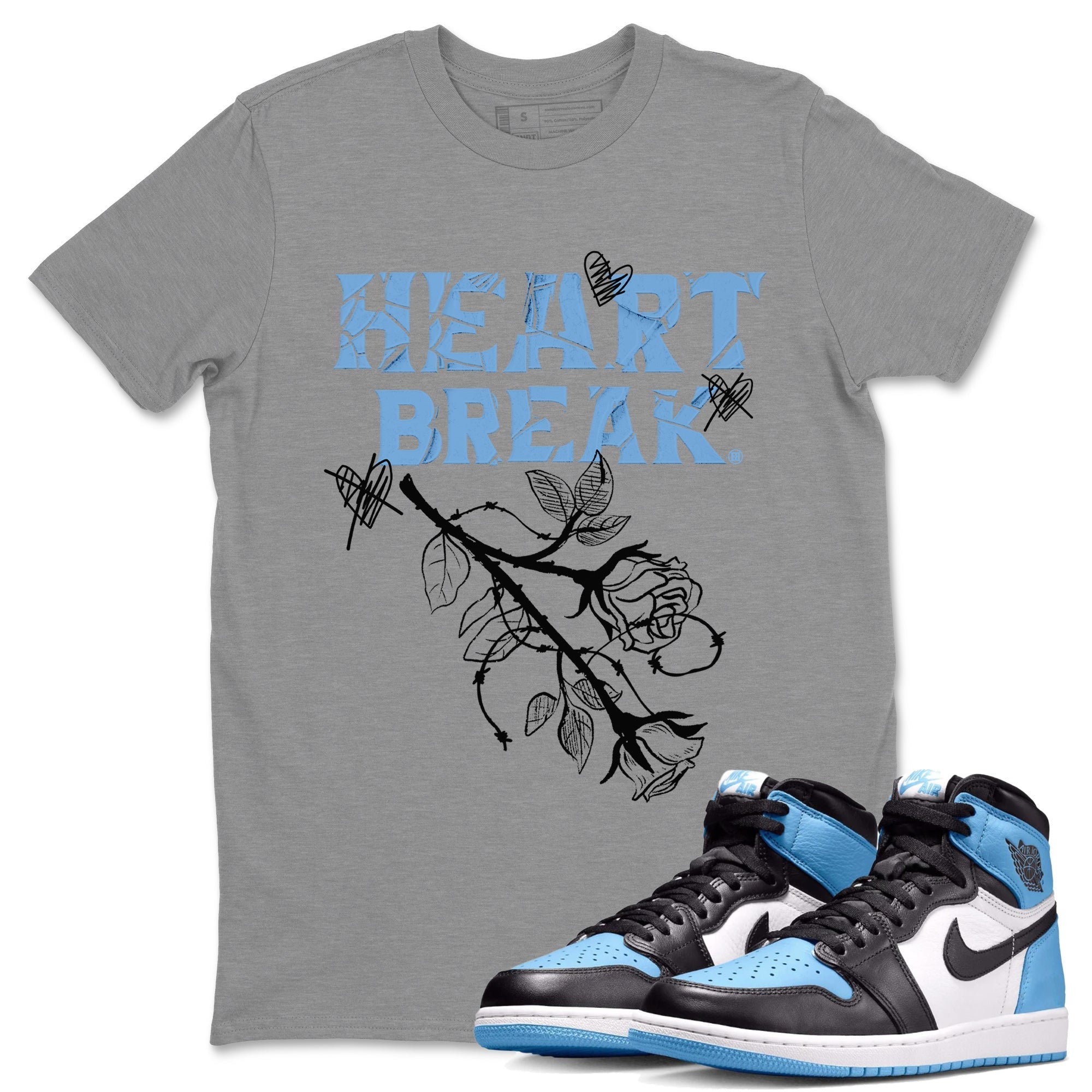 Air Jordan 1 Retro High OG UNC Toe Shirt to match Jordans Heart Break Streetwear Sneaker Shirt UNC Toe 1s Tees Crew Neck T-Shirts Heather Grey 1