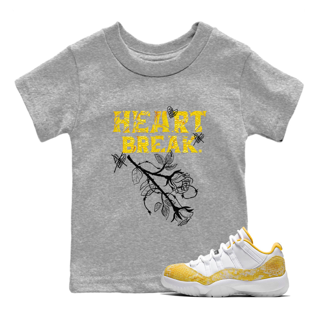 Air Jordan 11 Yellow Python Sneaker Match Tees Heart Break Streetwear Sneaker Shirt Snakeskin 11s Streetwear Sneaker Shirt Kids Shirts Heather Grey 1