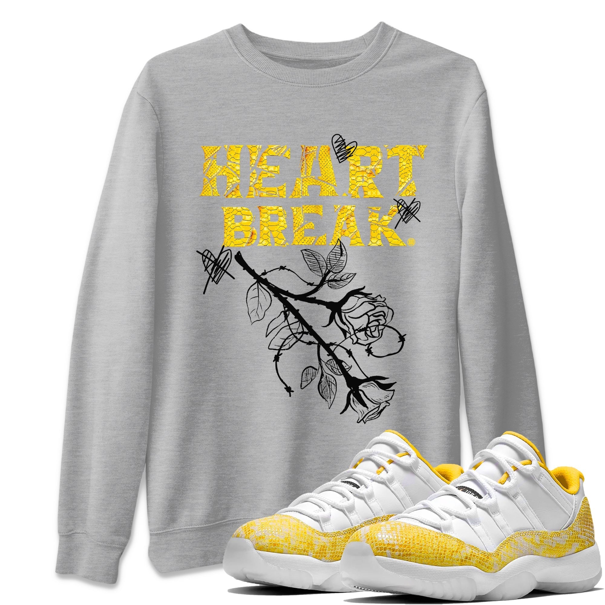 Air Jordan 11 Yellow Python Sneaker Match Tees Heart Break Streetwear Sneaker Shirt Snakeskin 11s Streetwear Sneaker Shirt Unisex Shirts Heather Grey 1