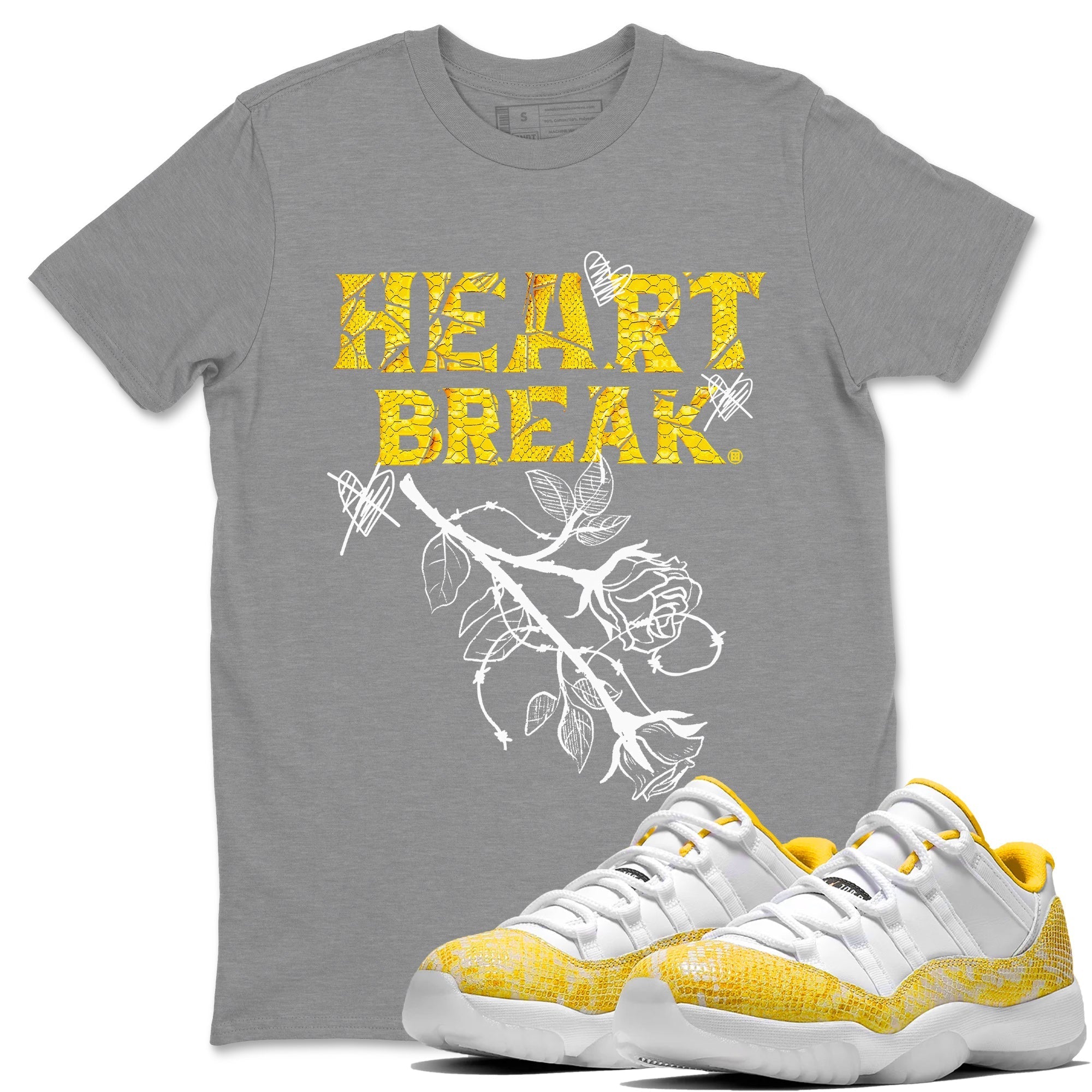 Air Jordan 11 Yellow Python Sneaker Match Tees Heart Break Streetwear Sneaker Shirt Snakeskin 11s Streetwear Sneaker Shirt Unisex Shirts Heather Grey 1