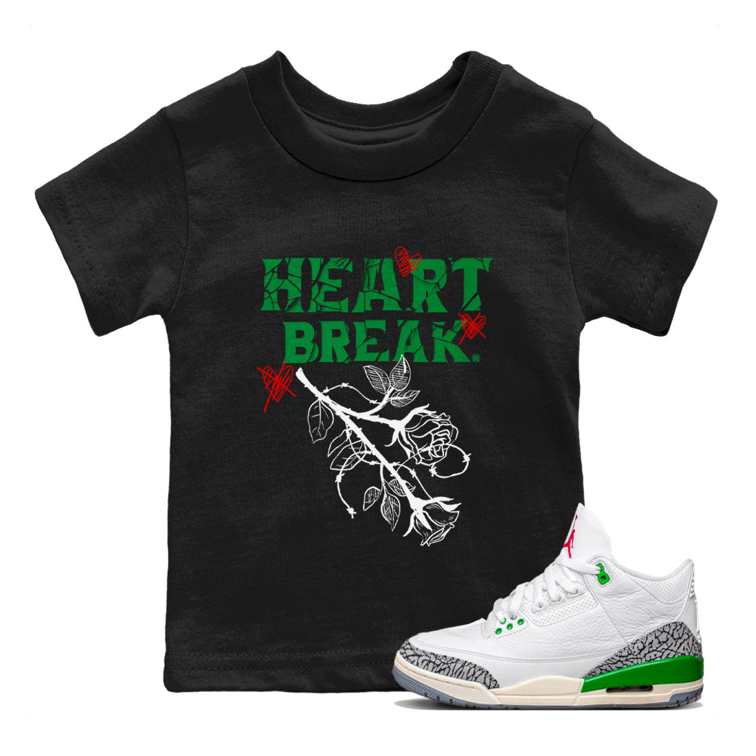 Air Jordan 3 Lucky Green Sneaker Match Tees Heart Break Streetwear Sneaker Shirt 3s Lucky Green Tees Kids Shirts Black 1