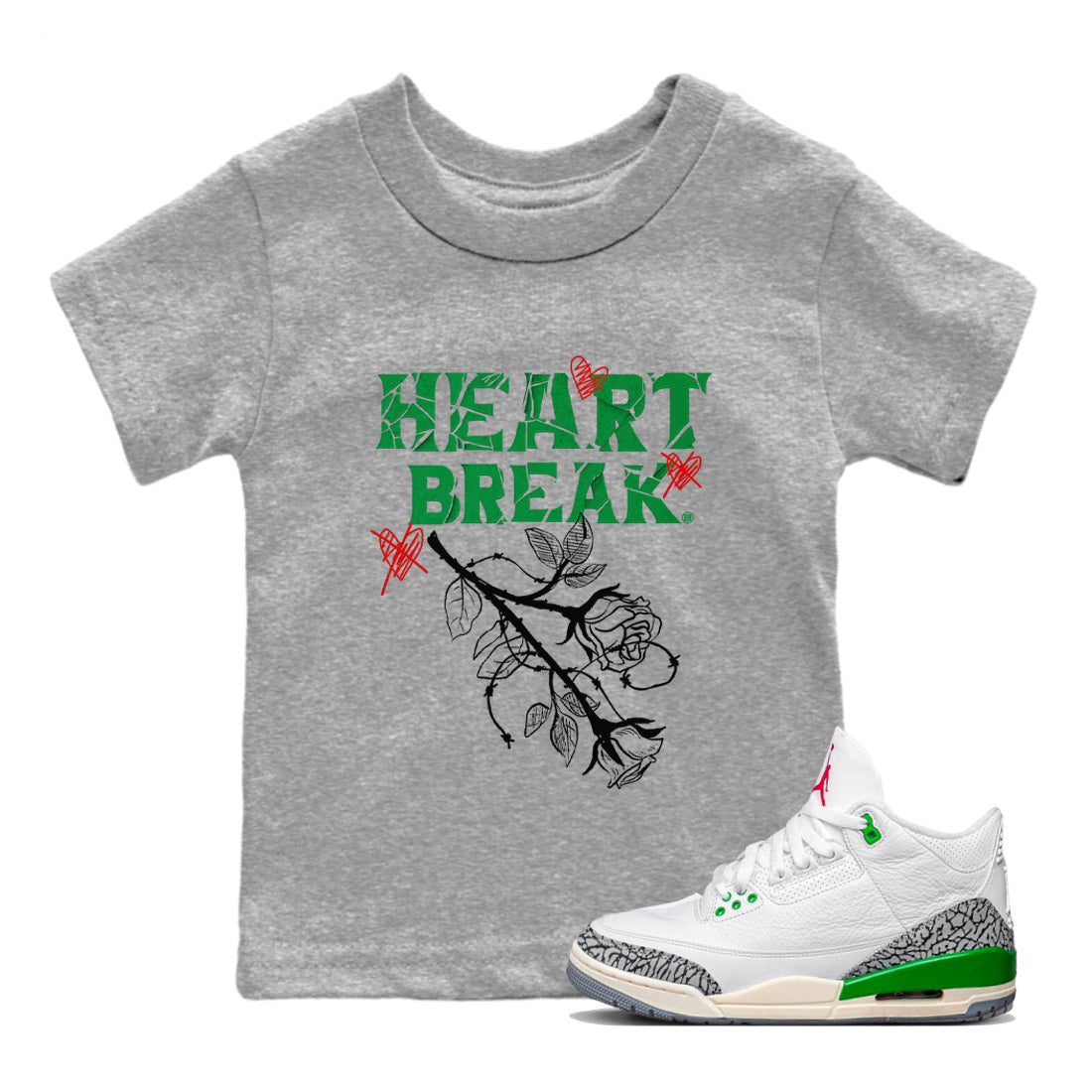 Air Jordan 3 Lucky Green Sneaker Match Tees Heart Break Streetwear Sneaker Shirt 3s Lucky Green Tees Kids Shirts Heather Grey 1