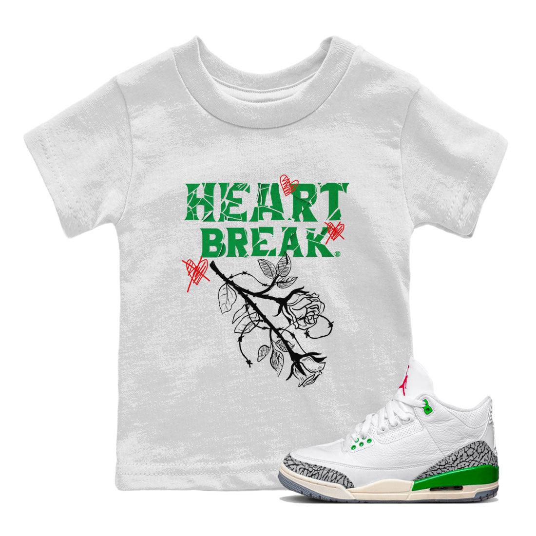 Air Jordan 3 Lucky Green Sneaker Match Tees Heart Break Streetwear Sneaker Shirt 3s Lucky Green Tees Kids Shirts White 1