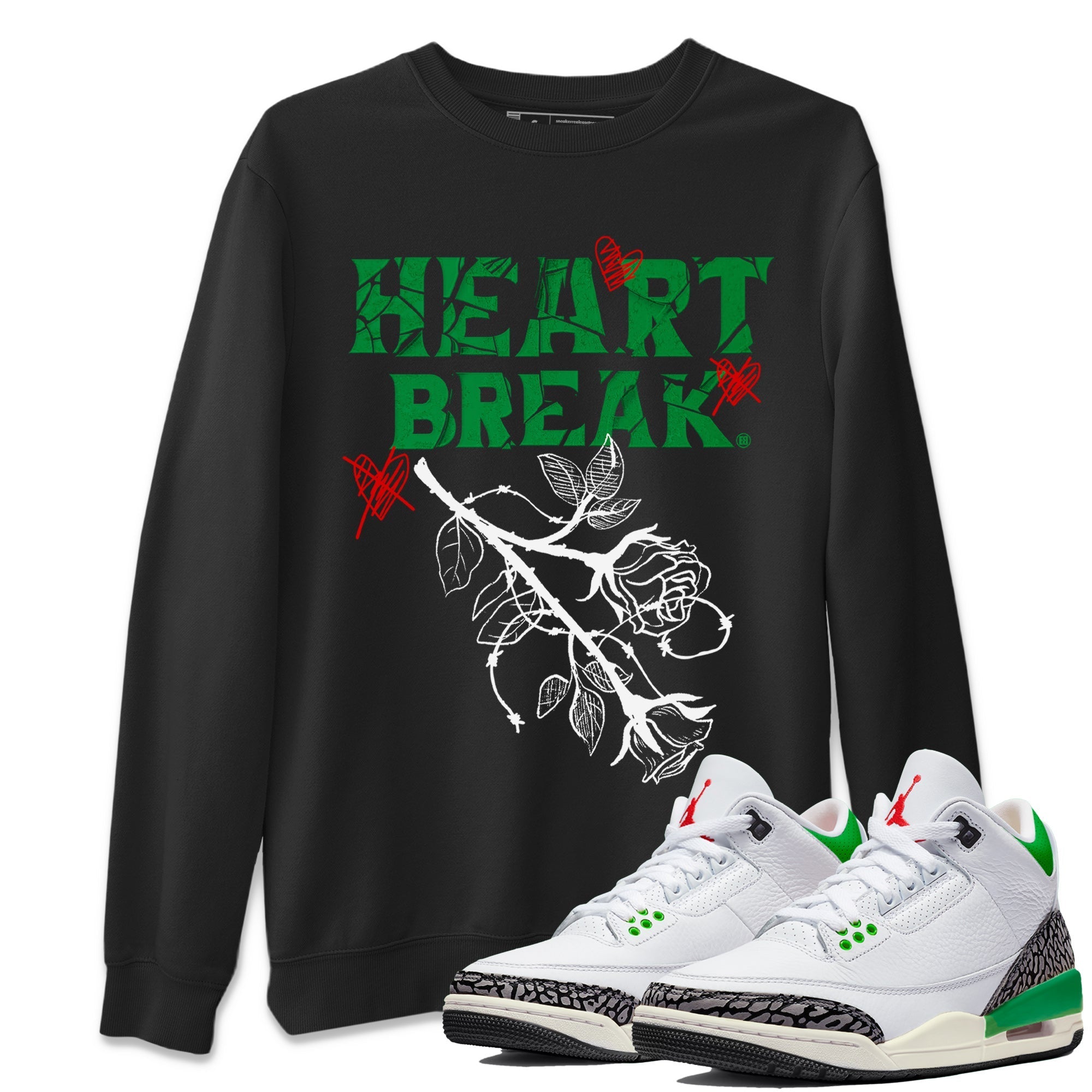 Air Jordan 3 Lucky Green Sneaker Match Tees Heart Break Streetwear Sneaker Shirt 3s Lucky Green Tees Unisex Shirts Black 1