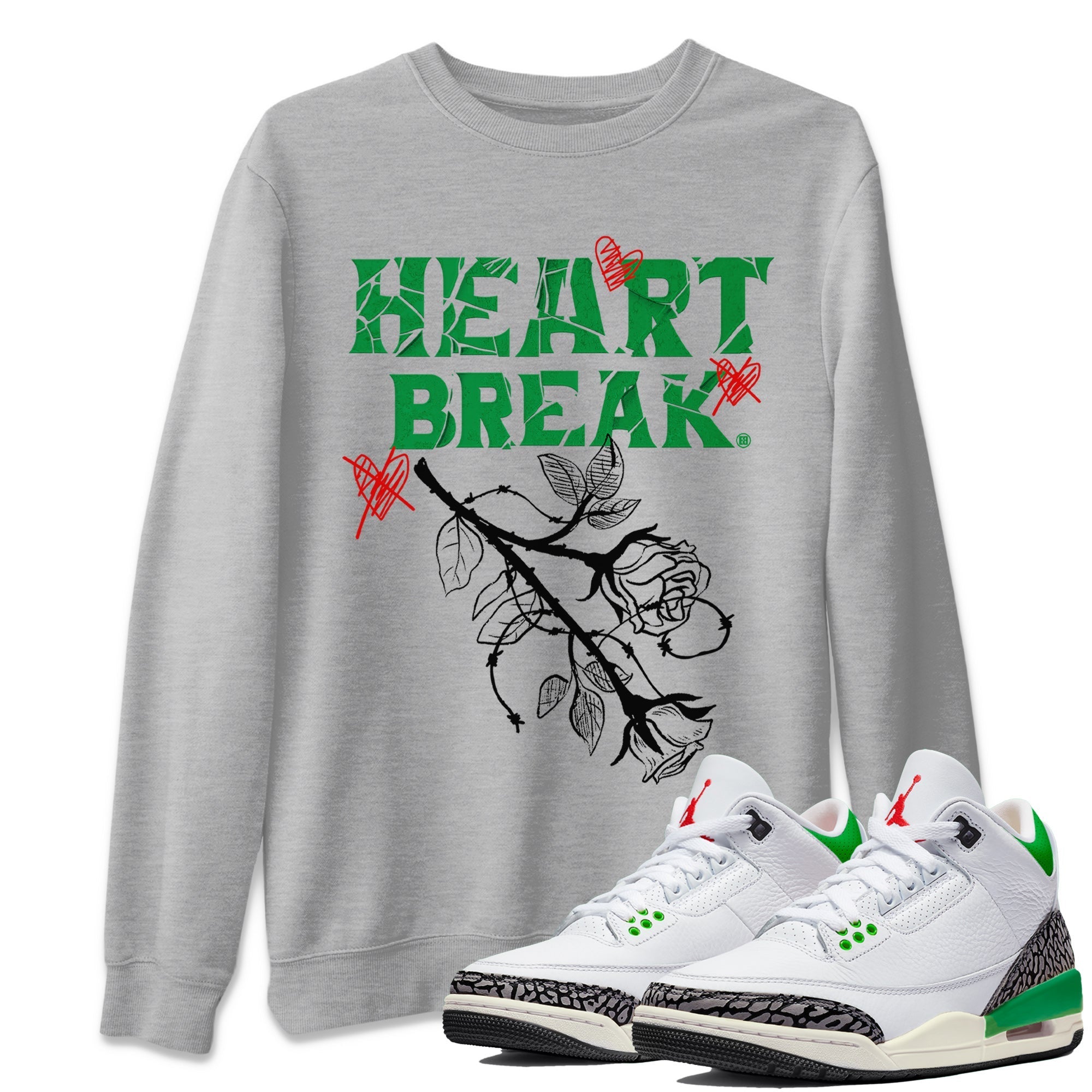 Air Jordan 3 Lucky Green Sneaker Match Tees Heart Break Streetwear Sneaker Shirt 3s Lucky Green Tees Unisex Shirts Heather Grey 1