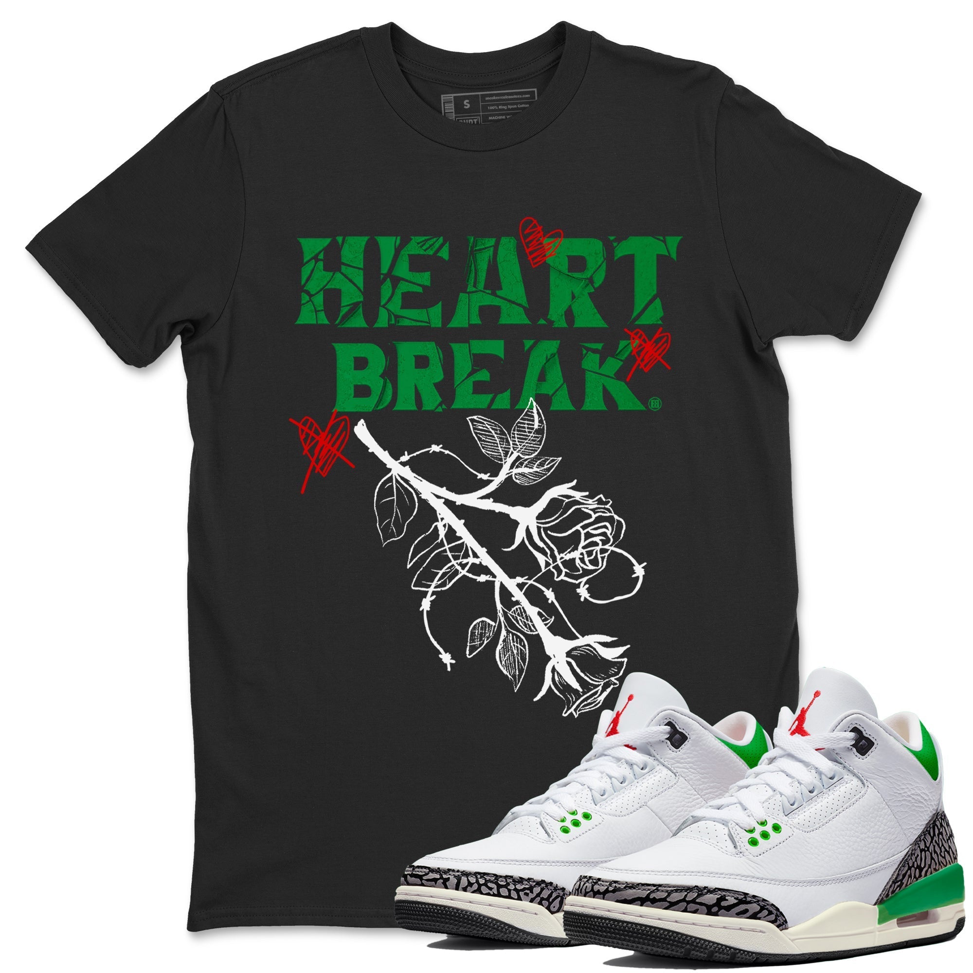 Air Jordan 3 Lucky Green Sneaker Match Tees Heart Break Streetwear Sneaker Shirt 3s Lucky Green Tees Unisex Shirts Black 1