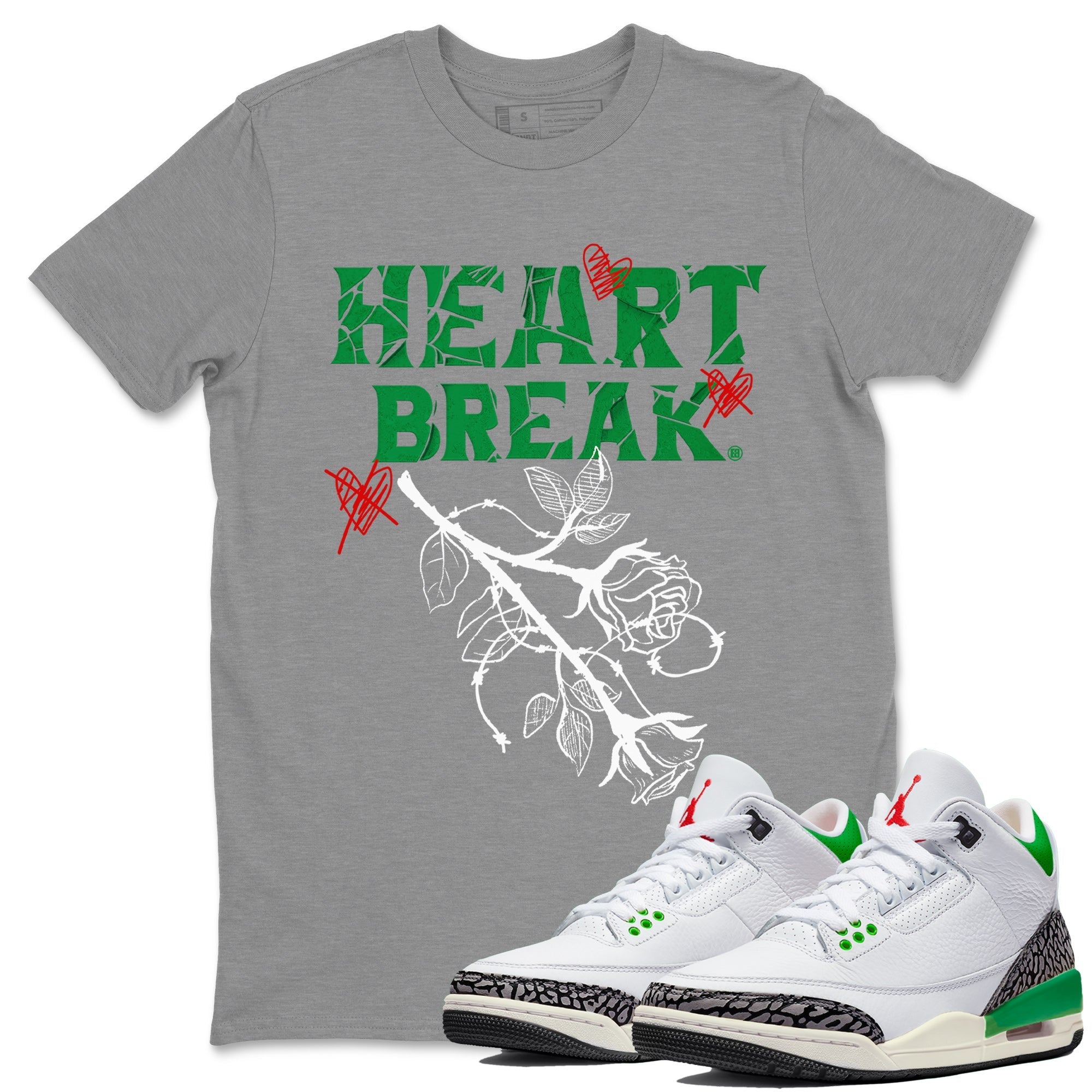Air Jordan 3 Lucky Green Sneaker Match Tees Heart Break Streetwear Sneaker Shirt 3s Lucky Green Tees Unisex Shirts Heather Grey 1