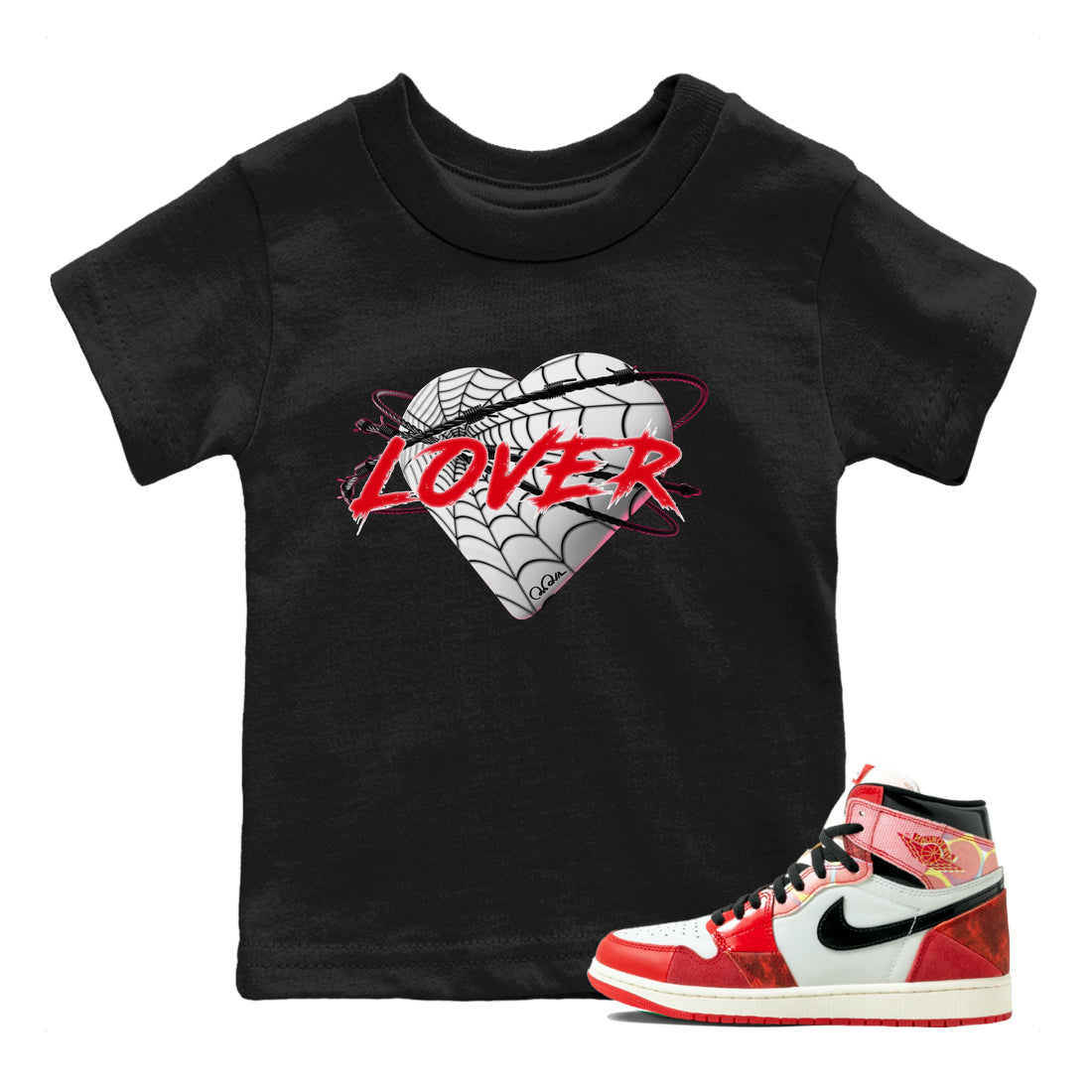 Air Jordan 1 Spider Man Sneaker Match Tees Heart Lover Sneaker Release Tees AJ1 Spider Man Sneaker Release Tees Kids Shirts Black 1