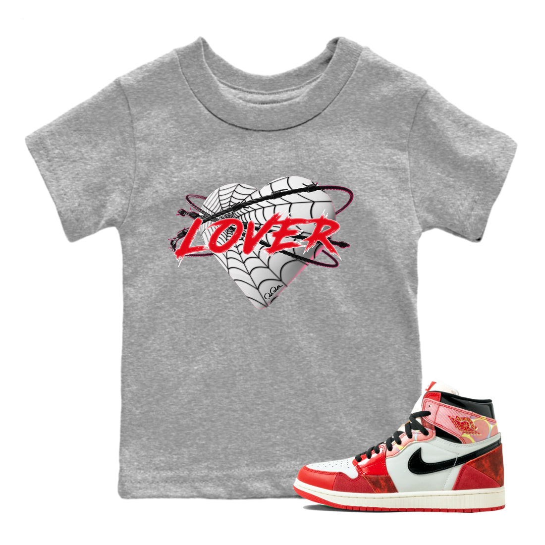 Air Jordan 1 Spider Man Sneaker Match Tees Heart Lover Sneaker Release Tees AJ1 Spider Man Sneaker Release Tees Kids Shirts Heather Grey 1
