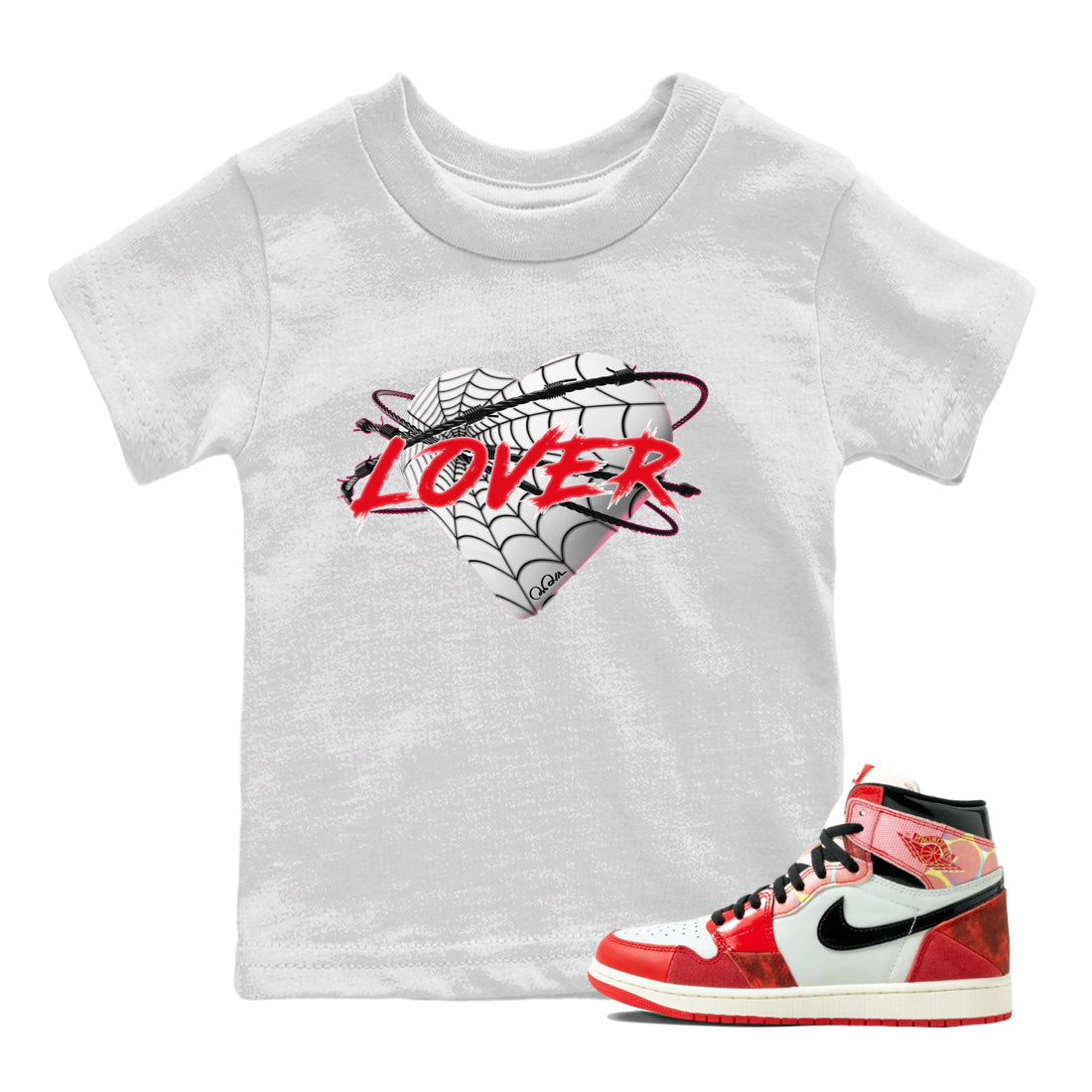 Air Jordan 1 Spider Man Sneaker Match Tees Heart Lover Sneaker Release Tees AJ1 Spider Man Sneaker Release Tees Kids Shirts White 1