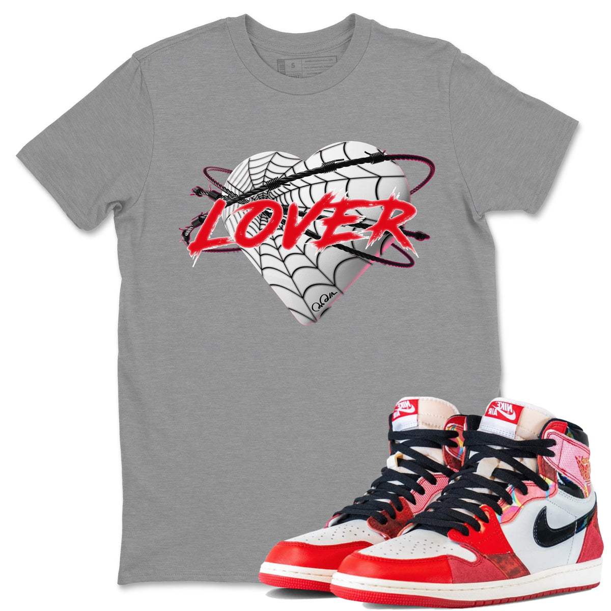 Air Jordan 1 Spider Man Sneaker Match Tees Heart Lover Sneaker Release Tees AJ1 Spider Man Sneaker Release Tees Unisex Shirts Heather Grey 1