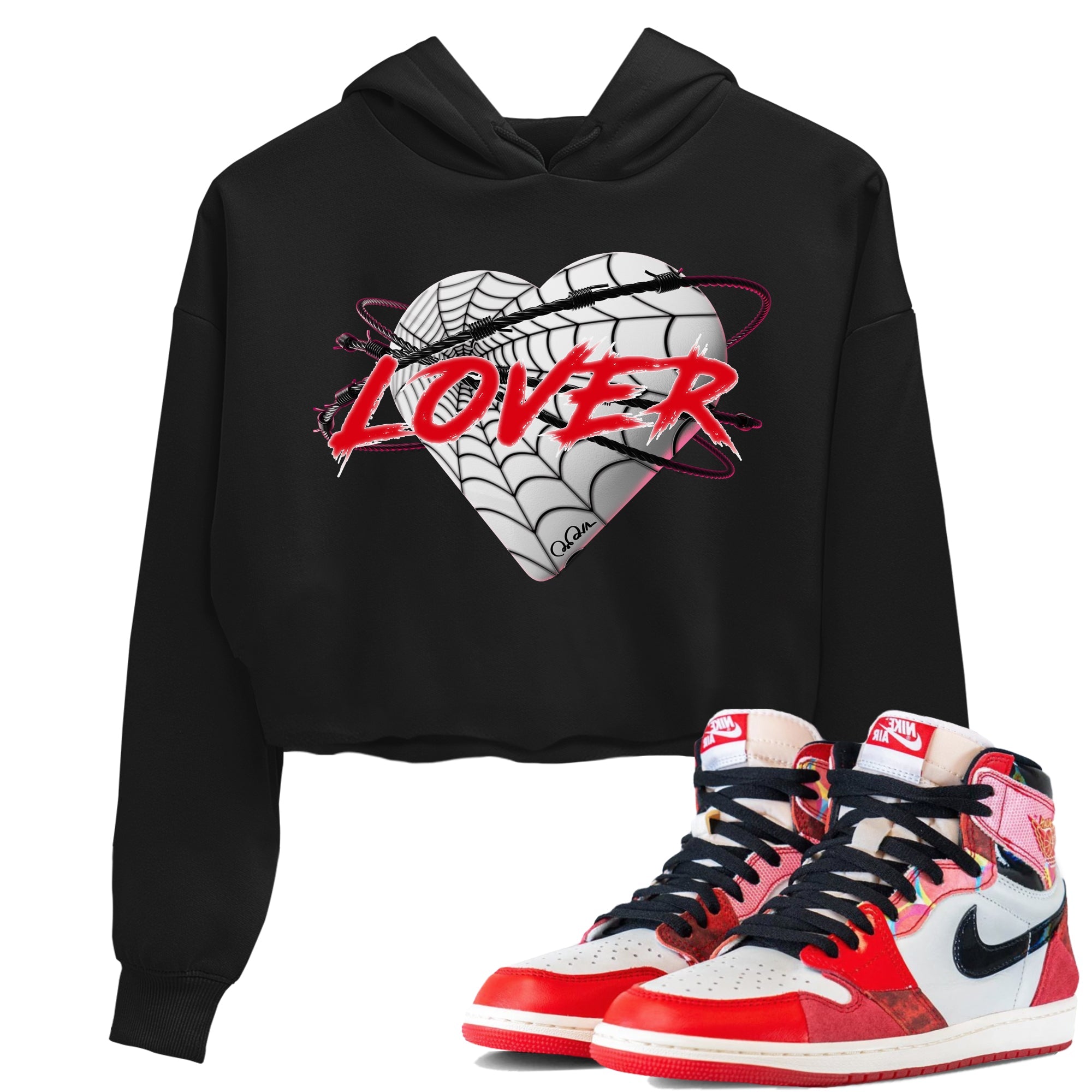 Air Jordan 1 Spider Man Sneaker Match Tees Heart Lover Sneaker Release Tees AJ1 Spider Man Sneaker Release Tees Women's Shirts Black 1