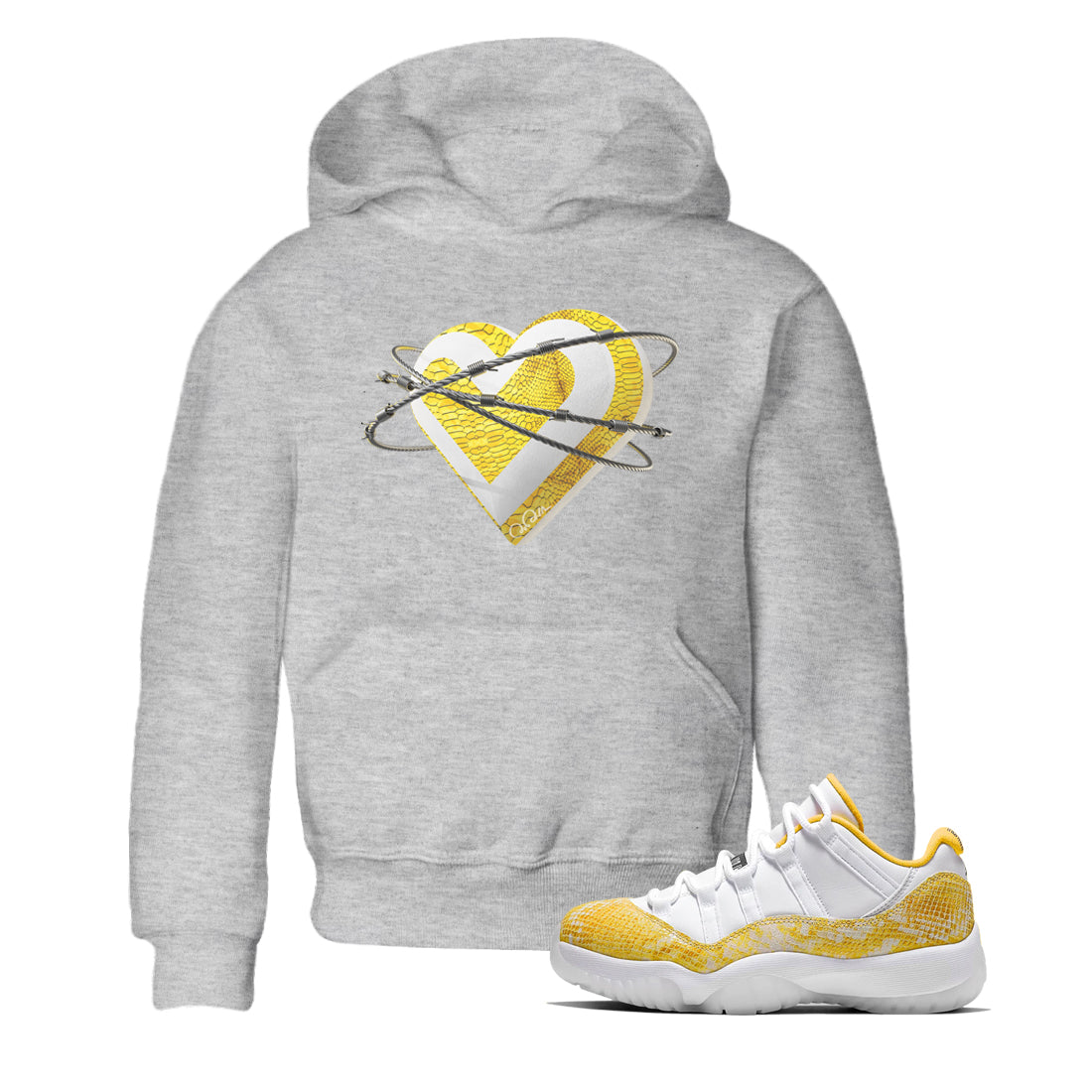 Air Jordan 11 Yellow Python Sneaker Match Tees Heart Lover Streetwear Sneaker Shirt AJ11 Yellow Python Sneaker Release Tees Kids Shirts Heather Grey 1