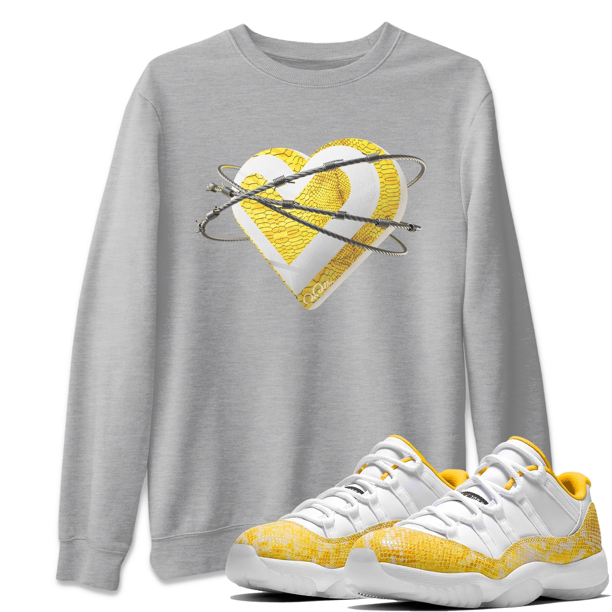 Air Jordan 11 Yellow Python Sneaker Match Tees Heart Lover Streetwear Sneaker Shirt AJ11 Yellow Python Sneaker Release Tees Unisex Shirts Heather Grey 1