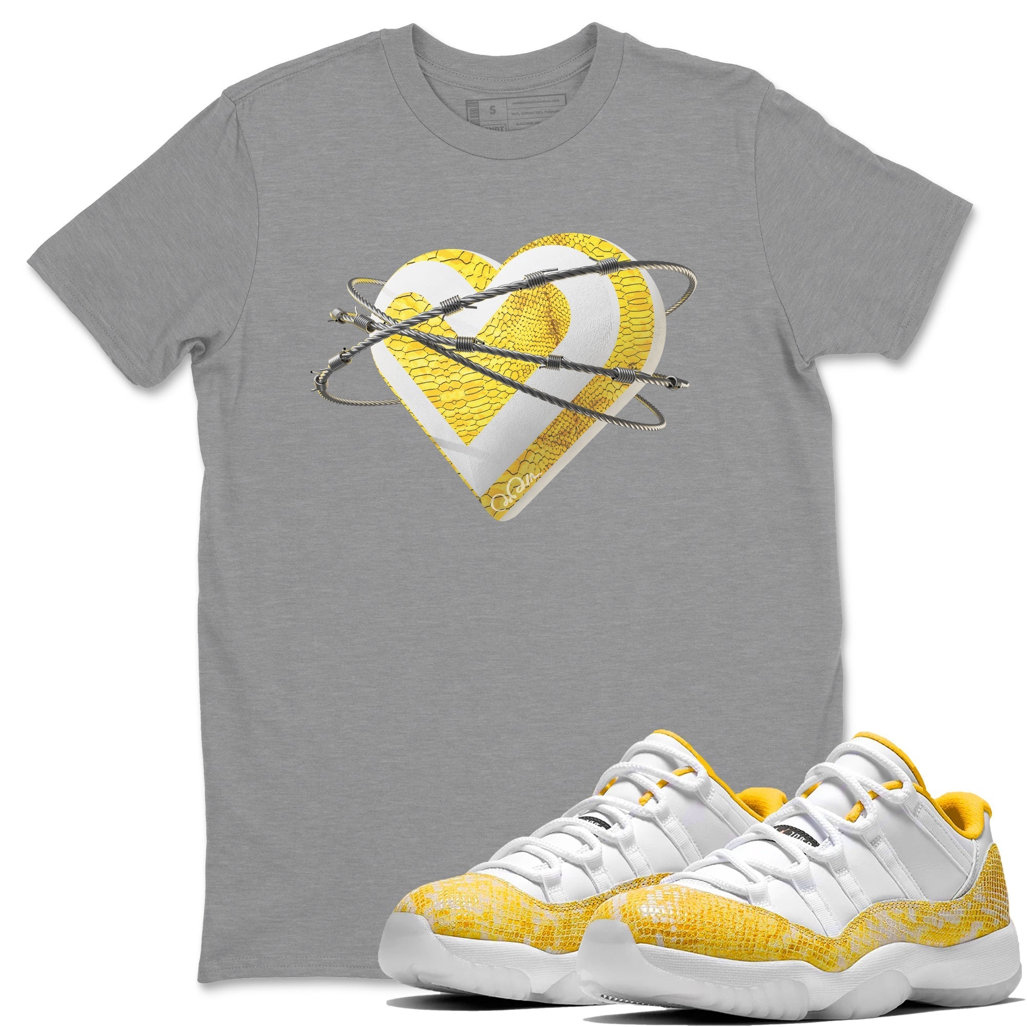 Air Jordan 11 Yellow Python Sneaker Match Tees Heart Lover Streetwear Sneaker Shirt AJ11 Yellow Python Sneaker Release Tees Unisex Shirts Heather Grey 1