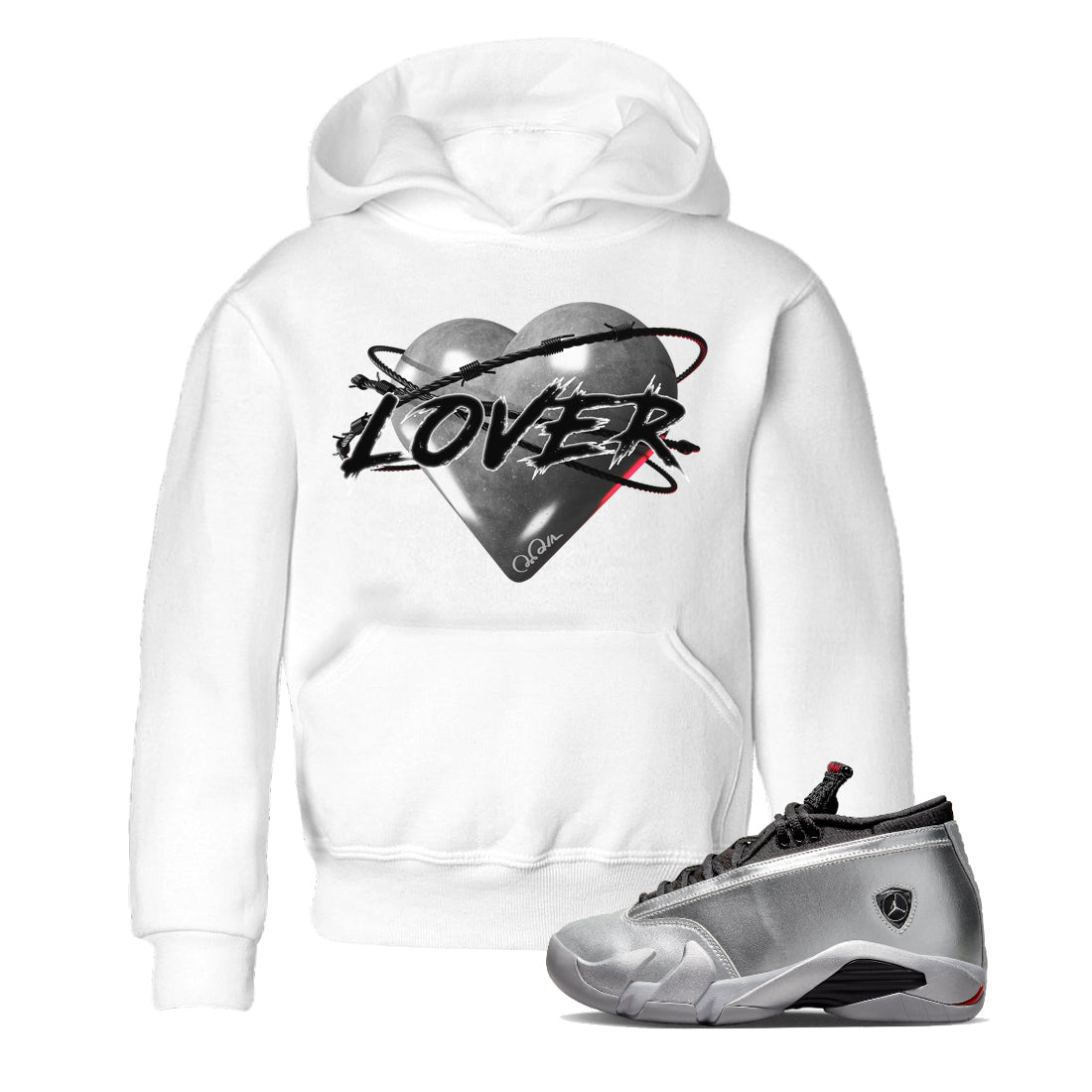 Air Jordan 14 Metallic Silver Sneaker Match Tees Heart Lover Streetwear Sneaker Shirt AJ14 Metallic Silver Sneaker Release Tees Kids Shirts White 1