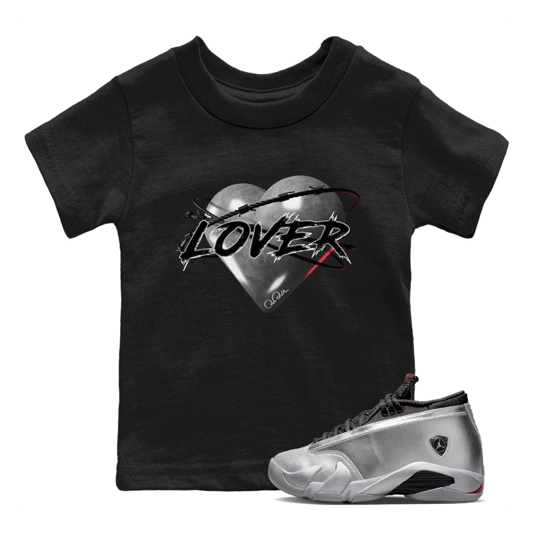 Air Jordan 14 Metallic Silver Sneaker Match Tees Heart Lover Streetwear Sneaker Shirt AJ14 Metallic Silver Sneaker Release Tees Kids Shirts Black 1