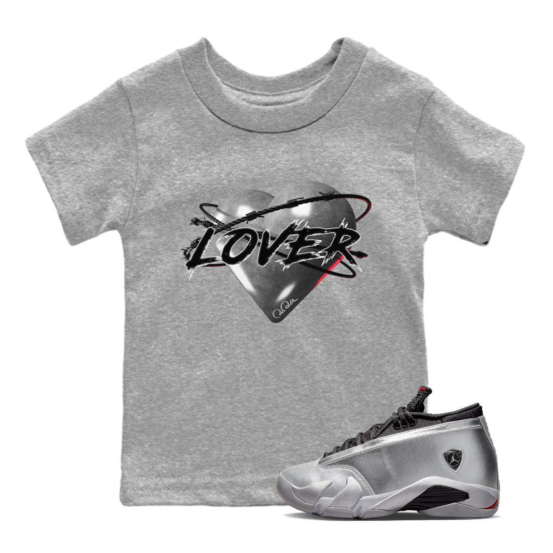 Air Jordan 14 Metallic Silver Heart Lover Baby and Kids Streetwear Sneaker Shirt AJ14 Metallic Silver Kids Streetwear Sneaker Shirt Size Chart