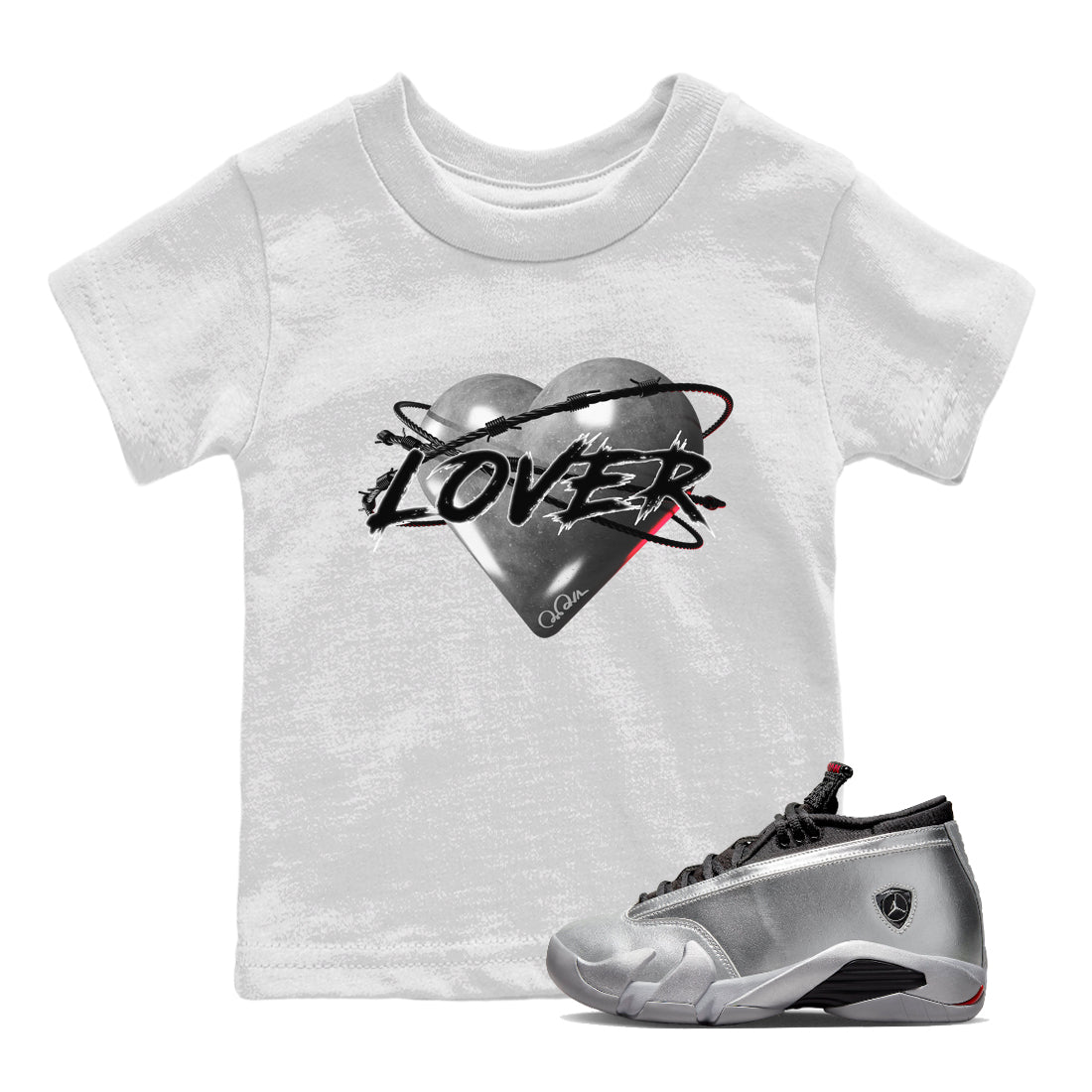 Air Jordan 14 Metallic Silver Sneaker Match Tees Heart Lover Streetwear Sneaker Shirt AJ14 Metallic Silver Sneaker Release Tees Kids Shirts White 1