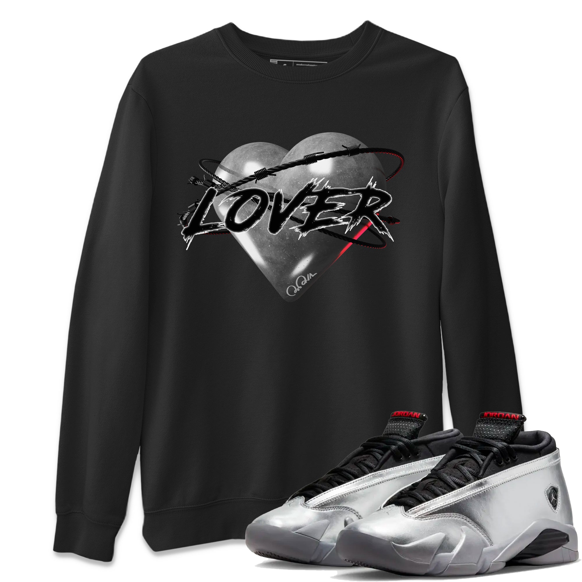 Air Jordan 14 Metallic Silver Sneaker Match Tees Heart Lover Streetwear Sneaker Shirt AJ14 Metallic Silver Sneaker Release Tees Unisex Shirts Black 1