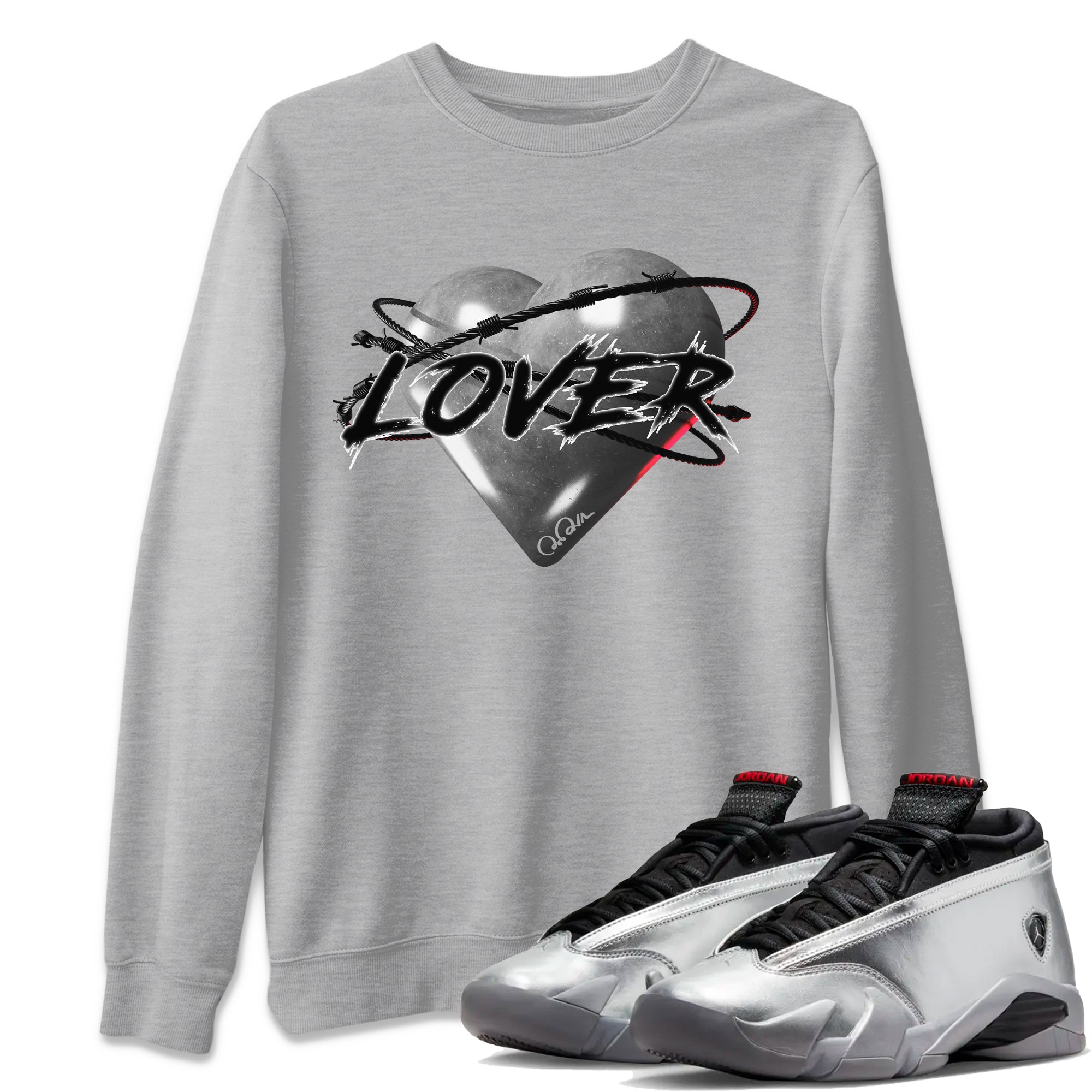 Air Jordan 14 Metallic Silver Sneaker Match Tees Heart Lover Streetwear Sneaker Shirt AJ14 Metallic Silver Sneaker Release Tees Unisex Shirts Heather Grey 1