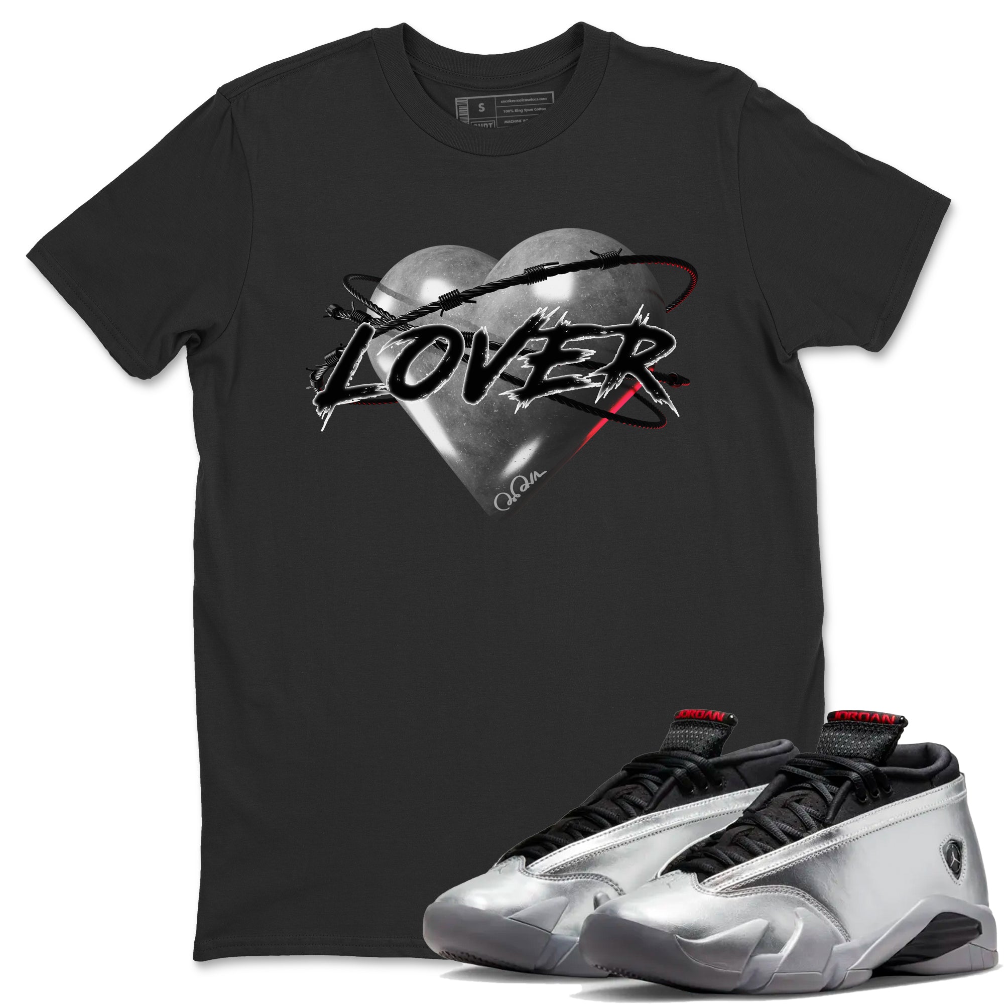 Air Jordan 14 Metallic Silver Sneaker Match Tees Heart Lover Streetwear Sneaker Shirt AJ14 Metallic Silver Sneaker Release Tees Unisex Shirts Black 1