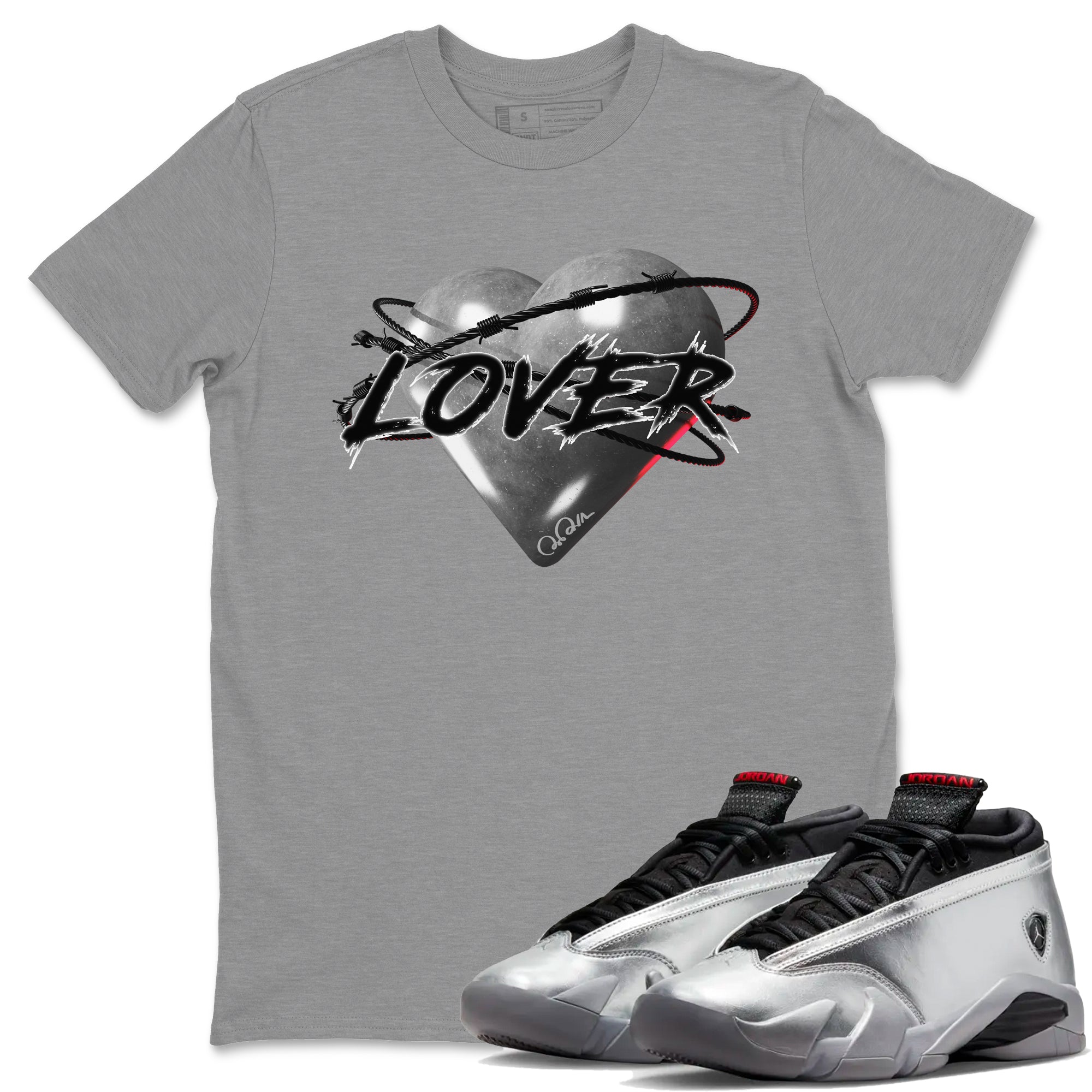 Air Jordan 14 Metallic Silver Heart Lover Crew Neck Streetwear Sneaker Shirt AJ14 Metallic Silver Sneaker T-Shirts Size Chart