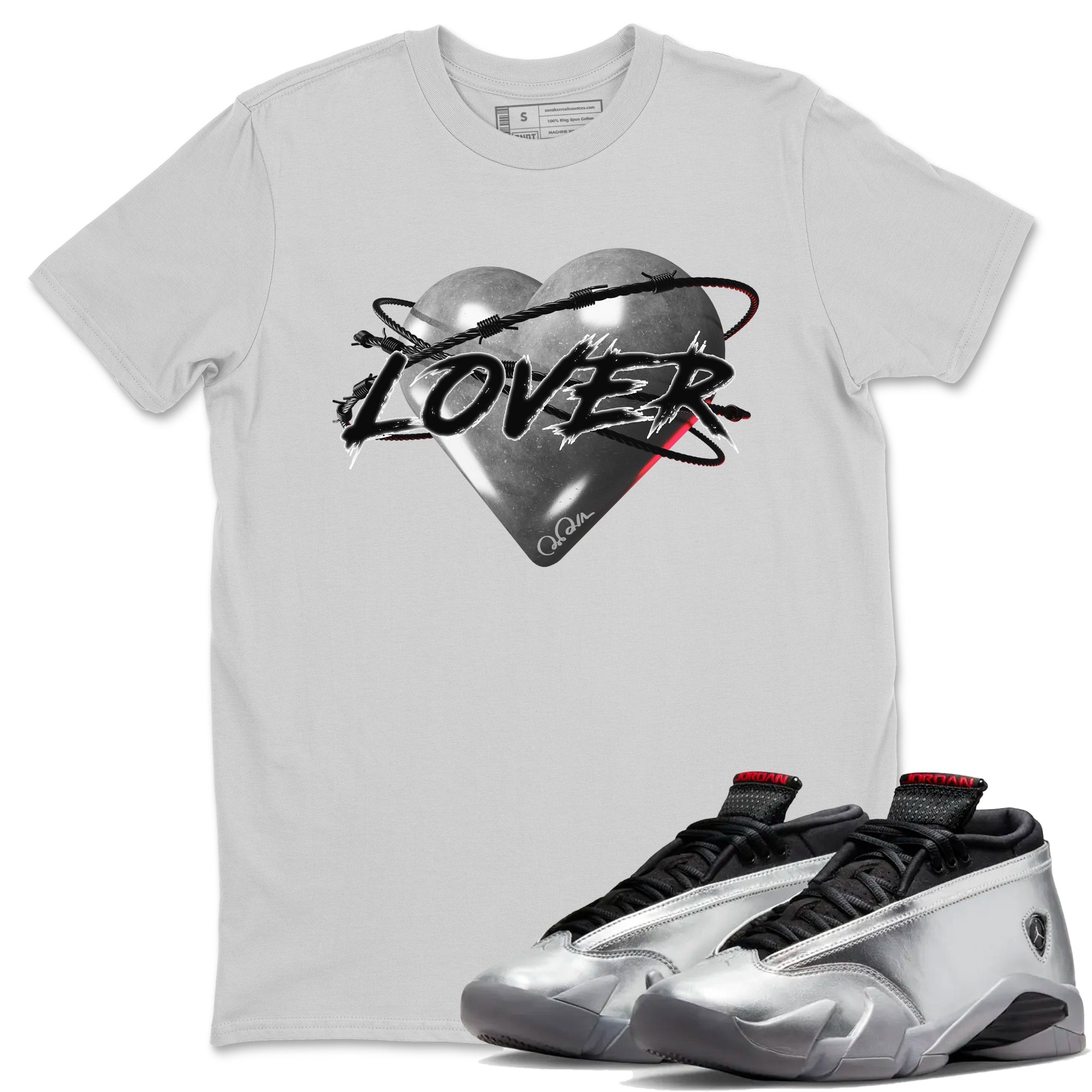 Air Jordan 14 Metallic Silver Heart Lover Crew Neck Streetwear Sneaker Shirt AJ14 Metallic Silver Sneaker T-Shirts Washing and Care Tip