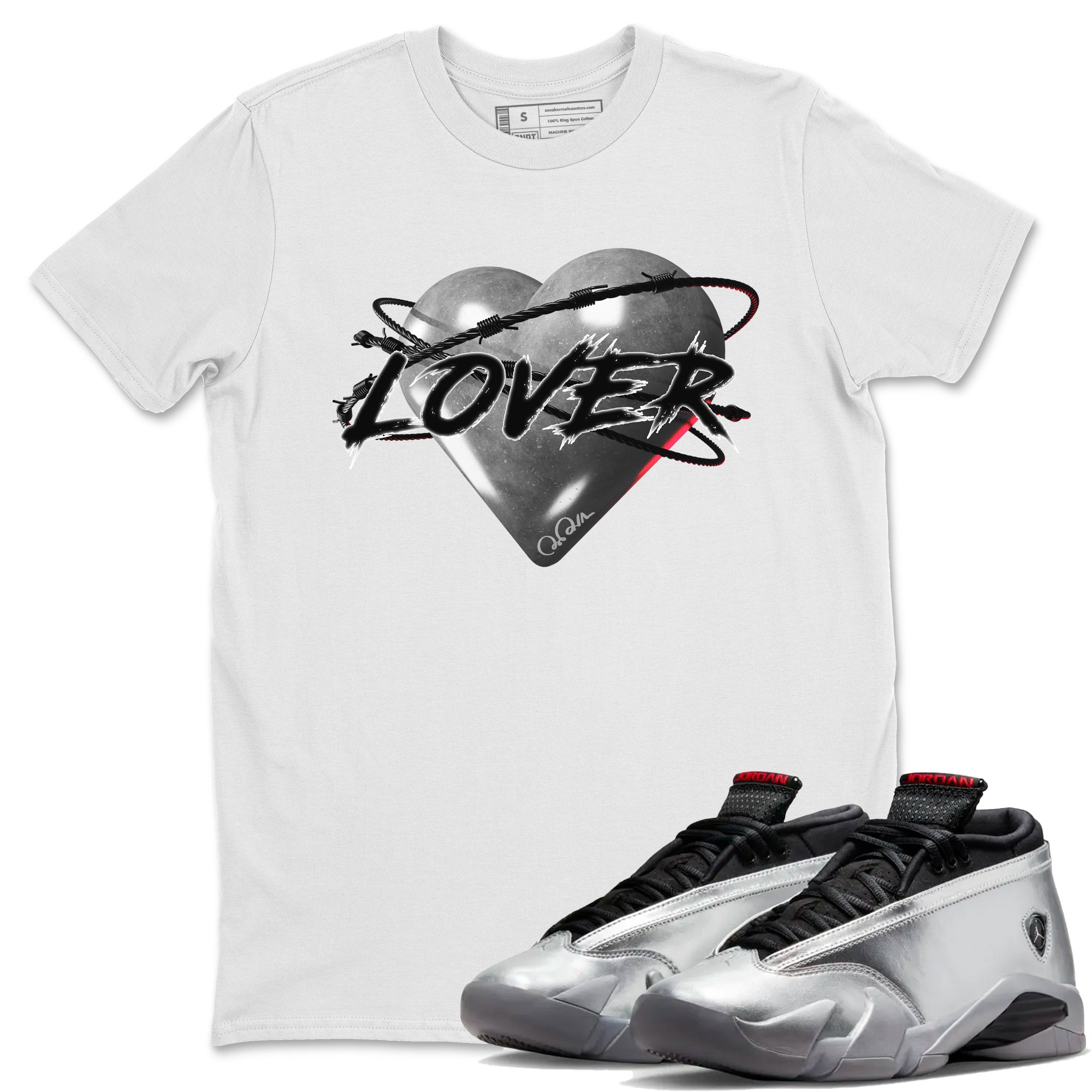 Air Jordan 14 Metallic Silver Sneaker Match Tees Heart Lover Streetwear Sneaker Shirt AJ14 Metallic Silver Sneaker Release Tees Unisex Shirts White 1