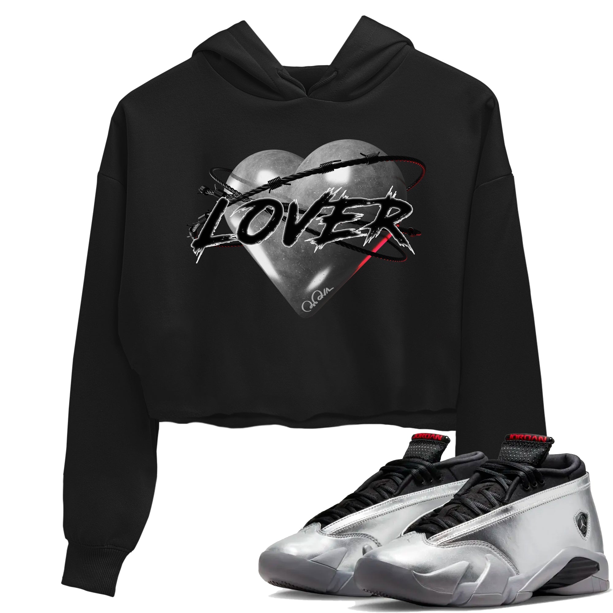 Air Jordan 14 Metallic Silver Sneaker Match Tees Heart Lover Streetwear Sneaker Shirt AJ14 Metallic Silver Sneaker Release Tees Women's Shirts Black 1