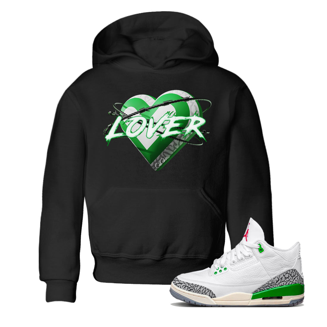 Air Jordan 3 Lucky Green Sneaker Match Tees Heart Lover Streetwear Sneaker Shirt AJ3 Lucky Green Sneaker Release Tees Kids Shirts Black 1
