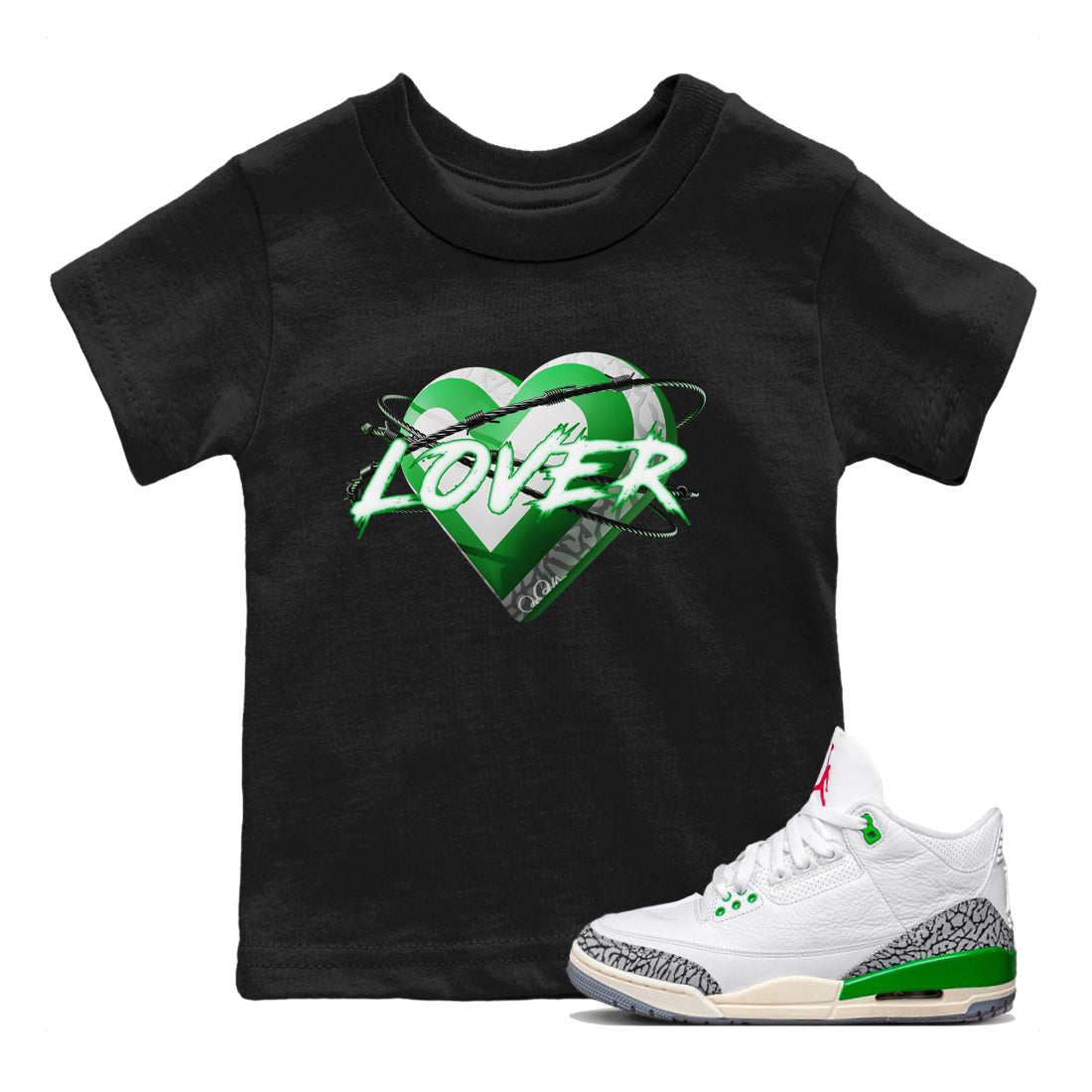Air Jordan 3 Lucky Green Sneaker Match Tees Heart Lover Streetwear Sneaker Shirt AJ3 Lucky Green Sneaker Release Tees Kids Shirts Black 1