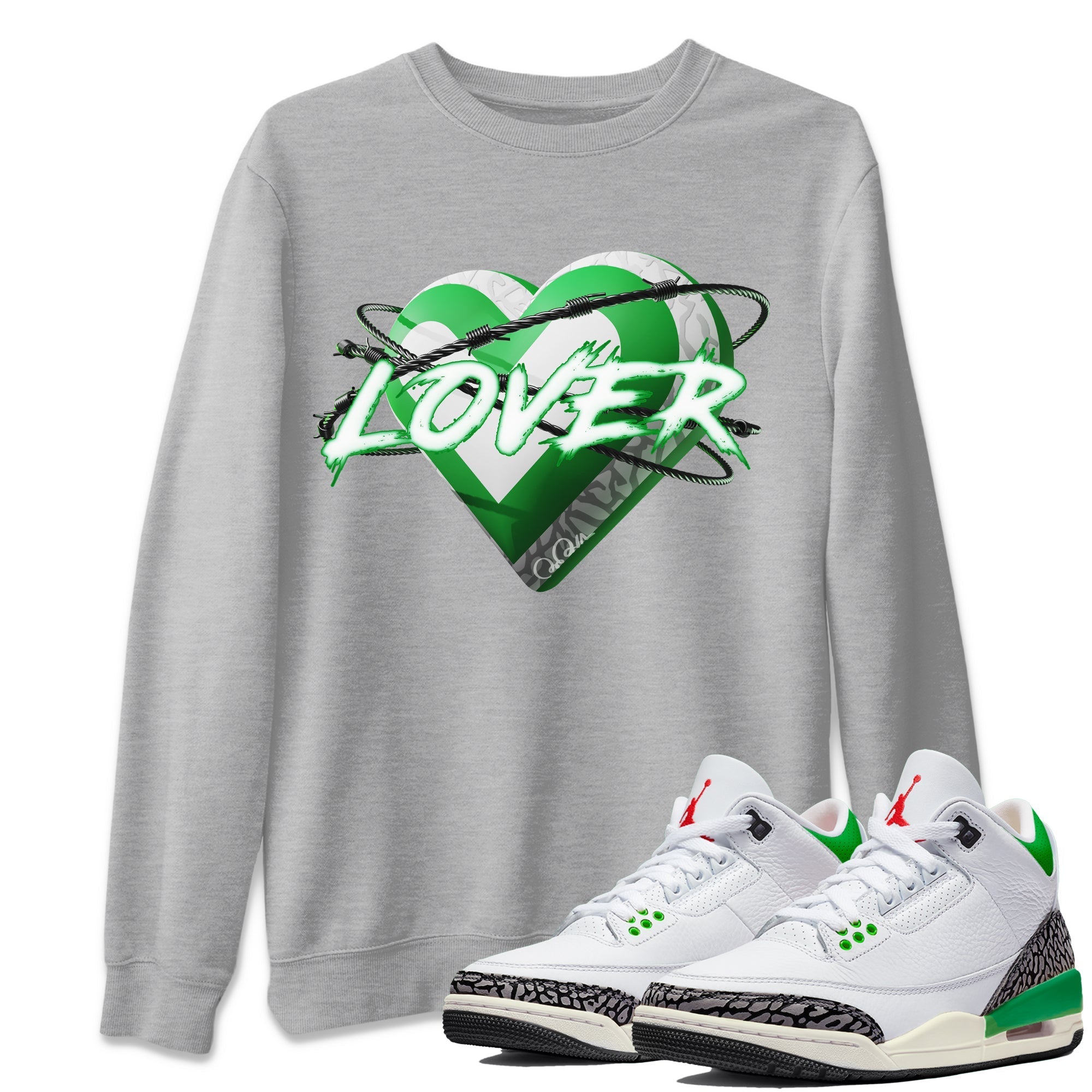 Air Jordan 3 Lucky Green Sneaker Match Tees Heart Lover Streetwear Sneaker Shirt AJ3 Lucky Green Sneaker Release Tees Unisex Shirts Heather Grey 1