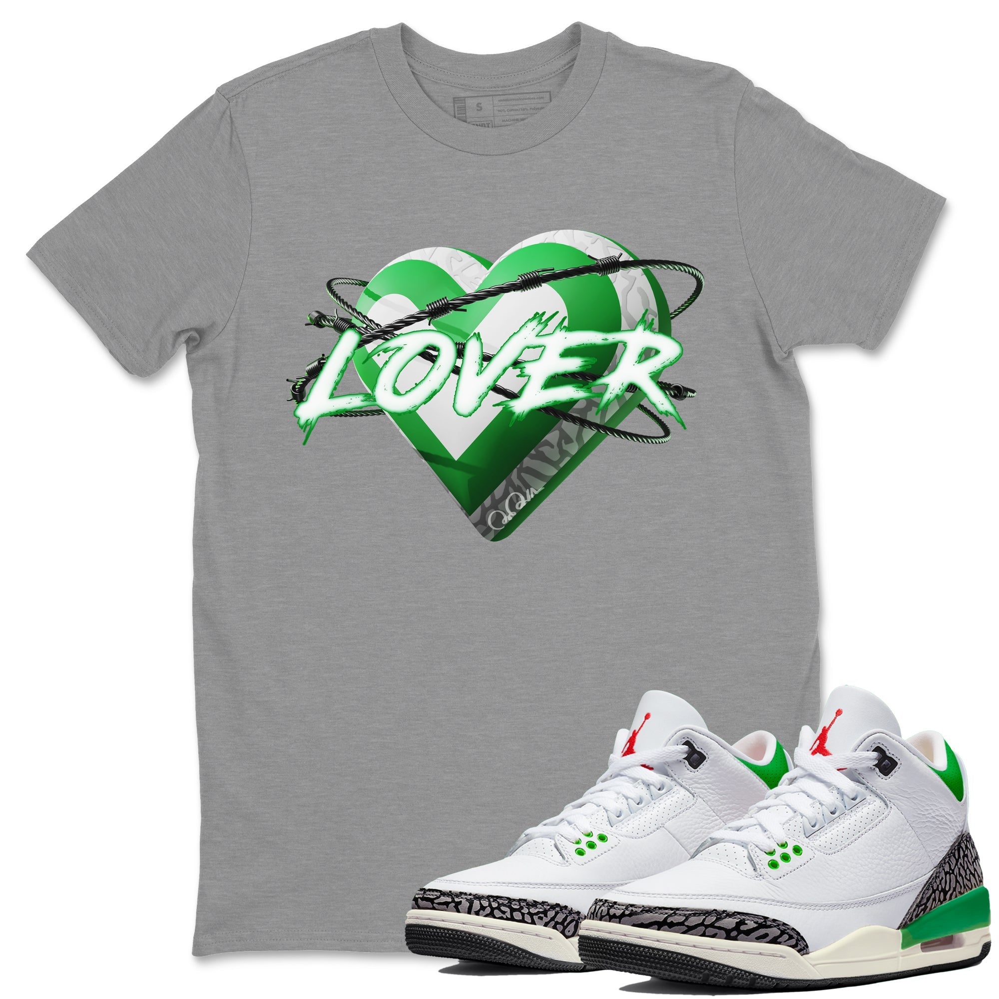 Air Jordan 3 Lucky Green Sneaker Match Tees Heart Lover Streetwear Sneaker Shirt AJ3 Lucky Green Sneaker Release Tees Unisex Shirts Heather Grey 1