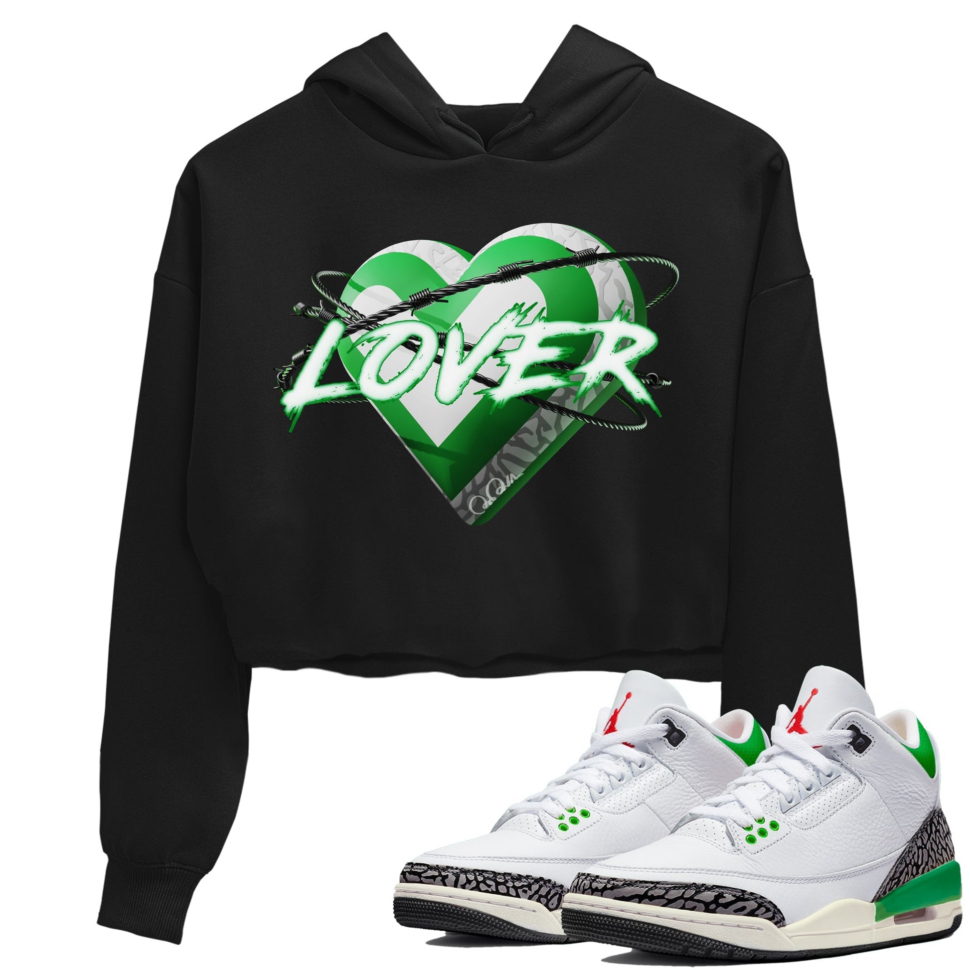 Air Jordan 3 Lucky Green Sneaker Match Tees Heart Lover Streetwear Sneaker Shirt AJ3 Lucky Green Sneaker Release Tees Women's Shirts Black 1