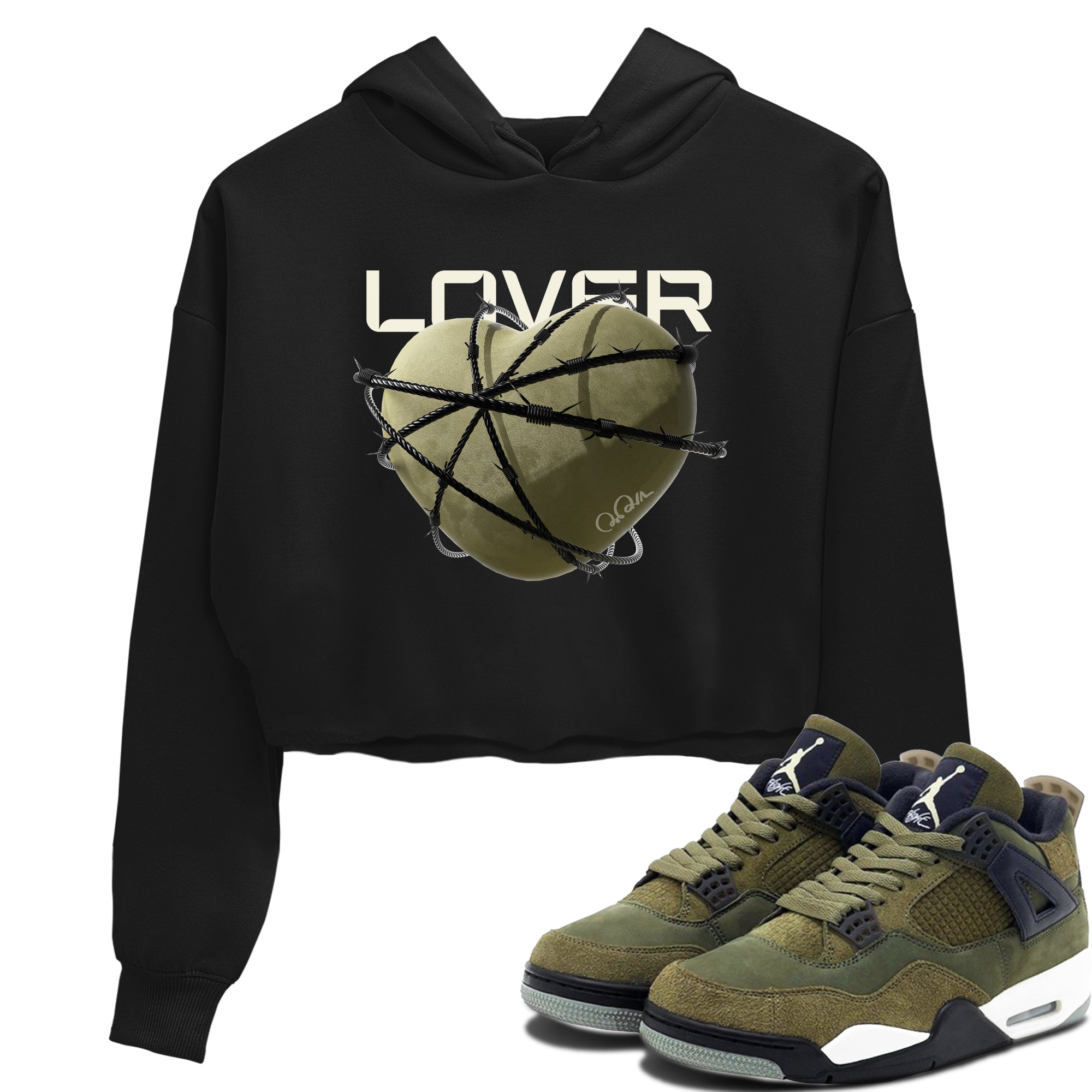 Air Jordan 4 Medium Olive shirt to match jordans streetwear brand Heart Lover sneaker tees AJ4Medium Olive Drip Gear Zone Black 1 Crop T-Shirt