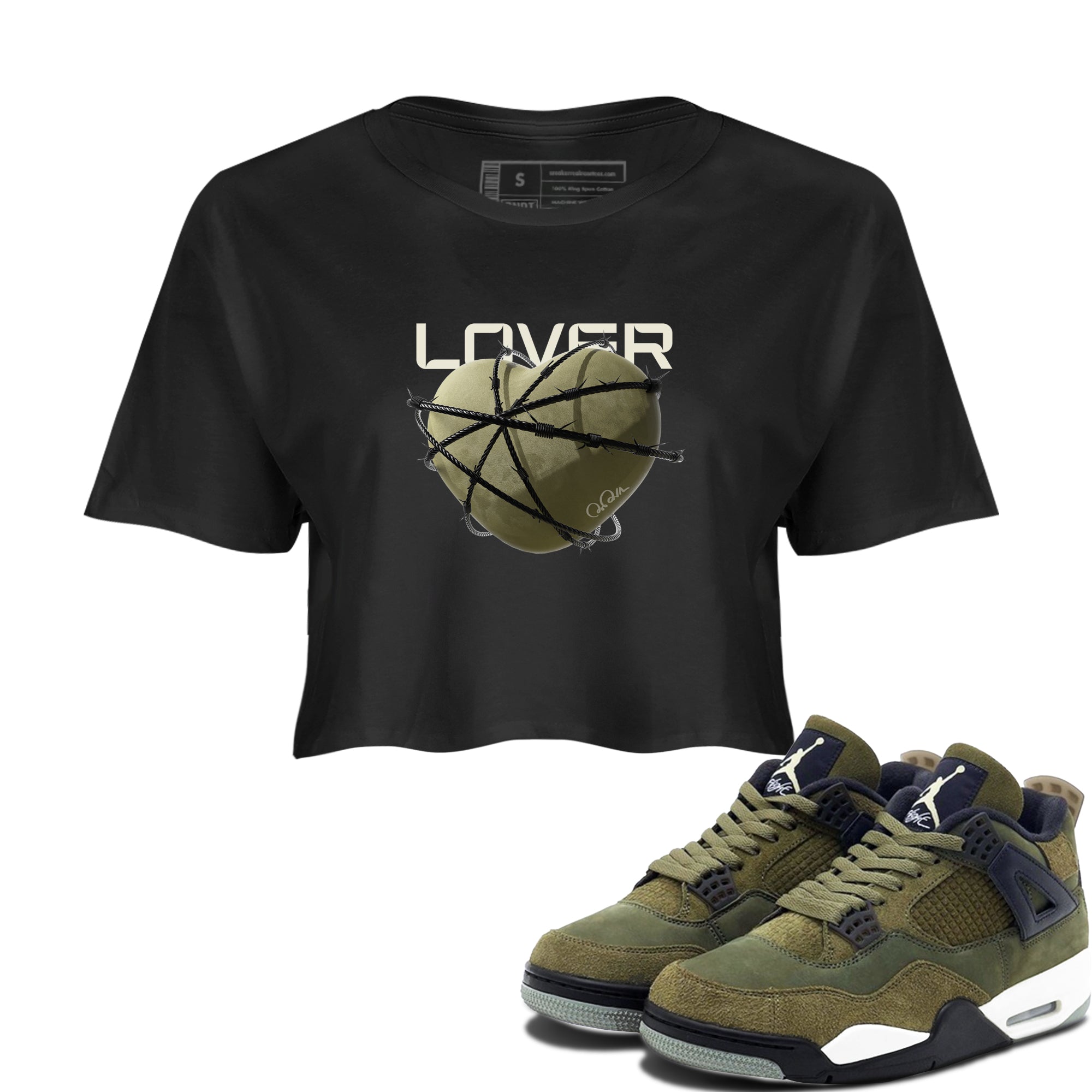 Air Jordan 4 Medium Olive shirt to match jordans streetwear brand Heart Lover sneaker tees AJ4Medium Olive Drip Gear Zone Black 1 Crop T-Shirt