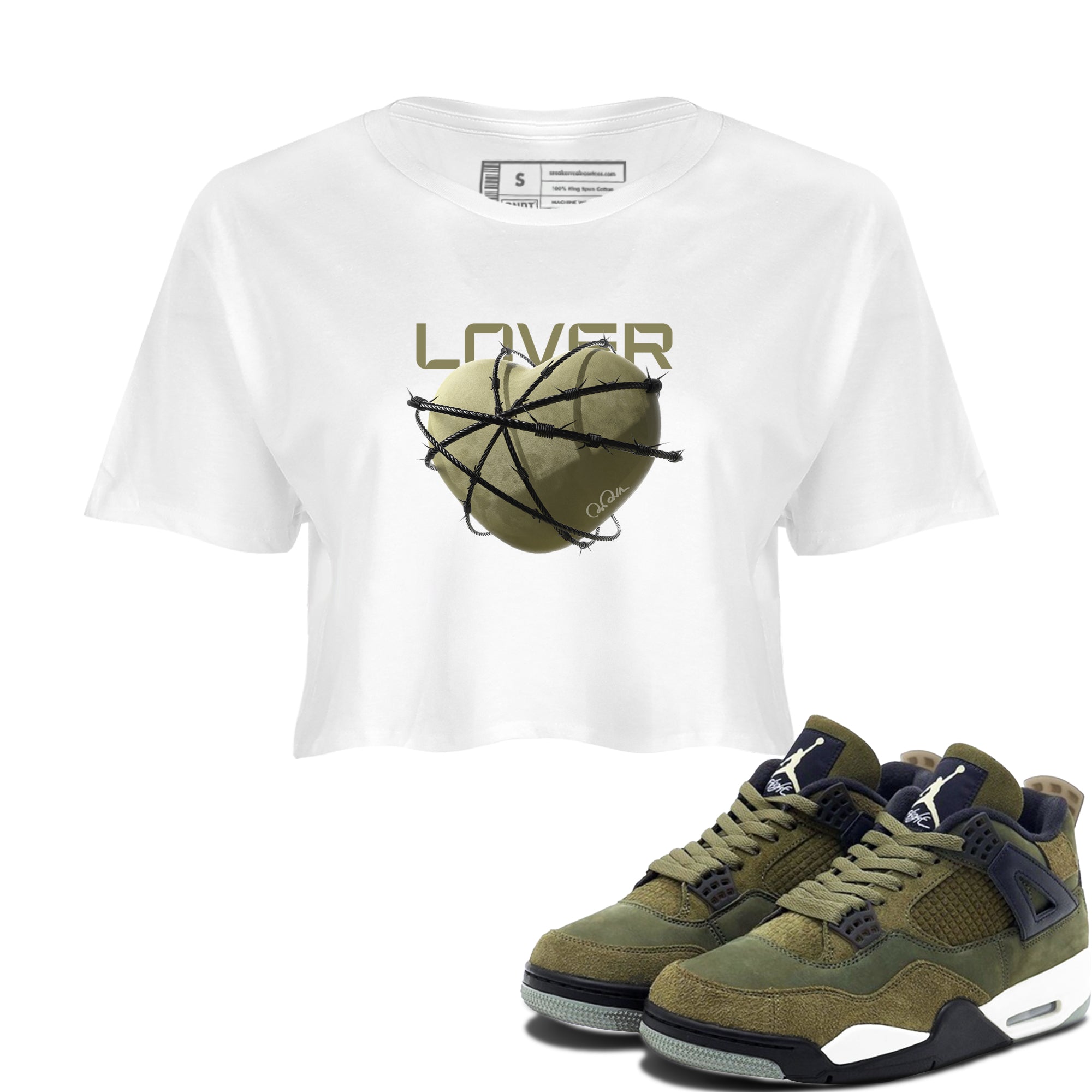 Air Jordan 4 Medium Olive shirt to match jordans streetwear brand Heart Lover sneaker tees AJ4Medium Olive Drip Gear Zone White 1 Crop T-Shirt