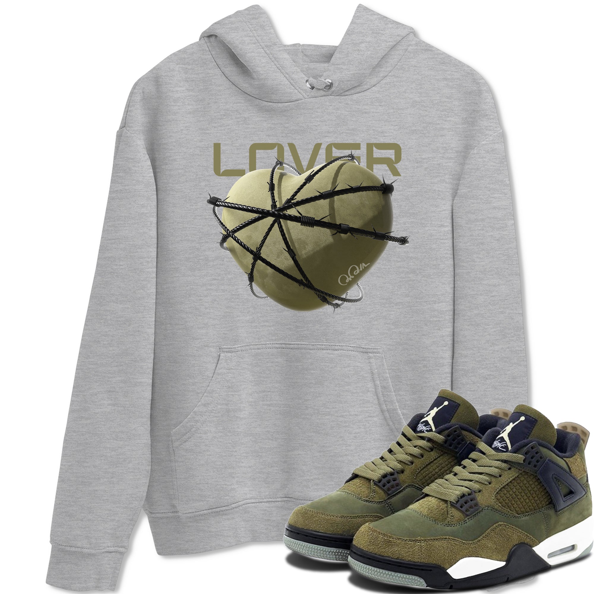 Air Jordan 4 Medium Olive shirt to match jordans streetwear brand Heart Lover sneaker tees AJ4Medium Olive Drip Gear Zone Unisex Heather Grey 1 T-Shirt