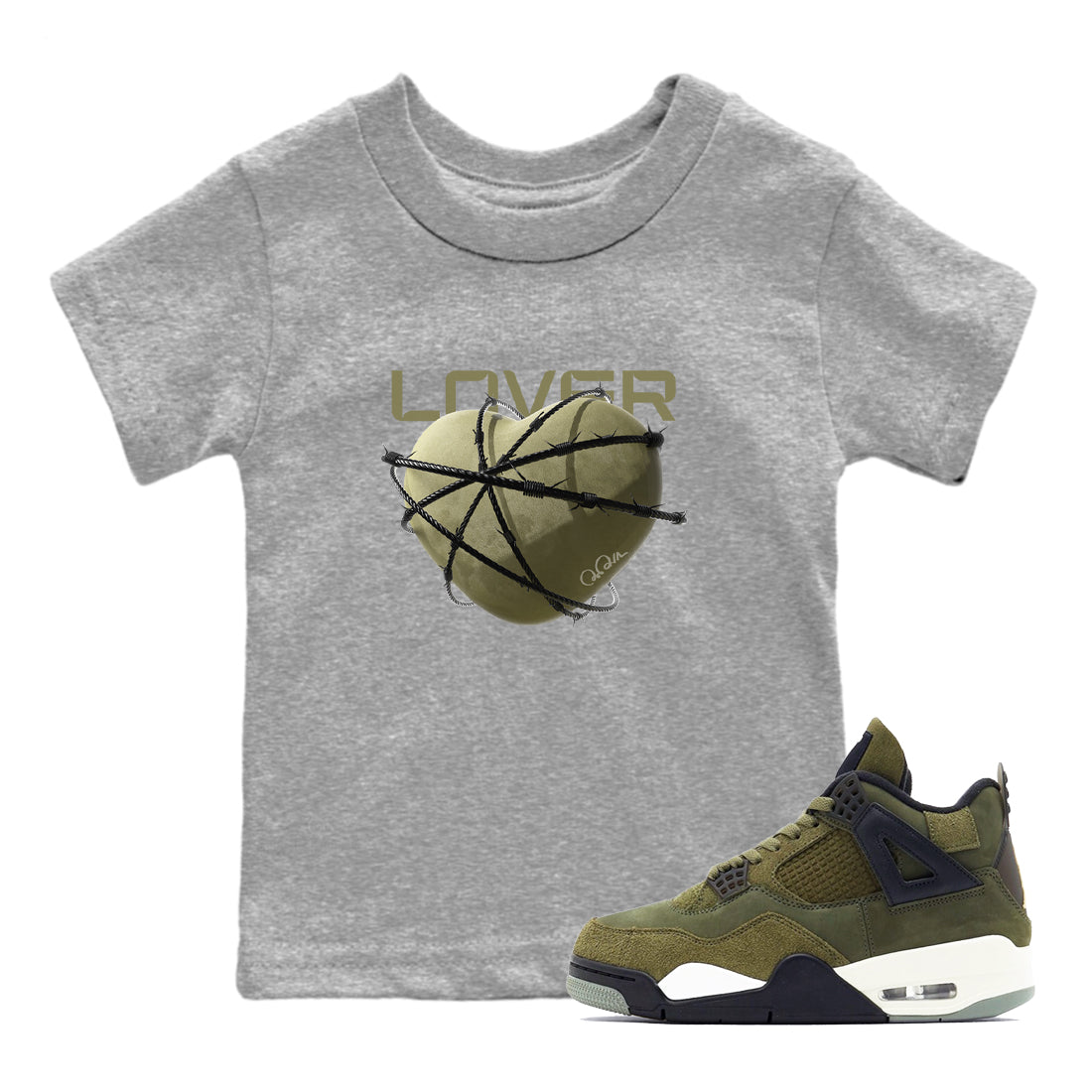Air Jordan 4 Medium Olive shirt to match jordans streetwear brand Heart Lover sneaker tees AJ4Medium Olive Drip Gear Zone Baby Toddler Heather Grey 1 T-Shirt