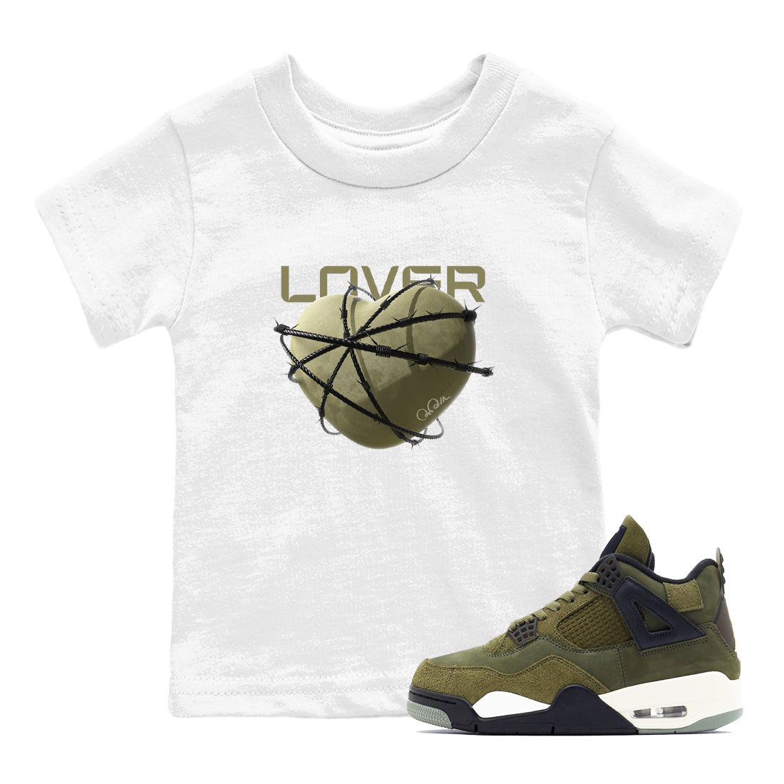 Air Jordan 4 Medium Olive shirt to match jordans streetwear brand Heart Lover sneaker tees AJ4Medium Olive Drip Gear Zone Baby Toddler White 1 T-Shirt