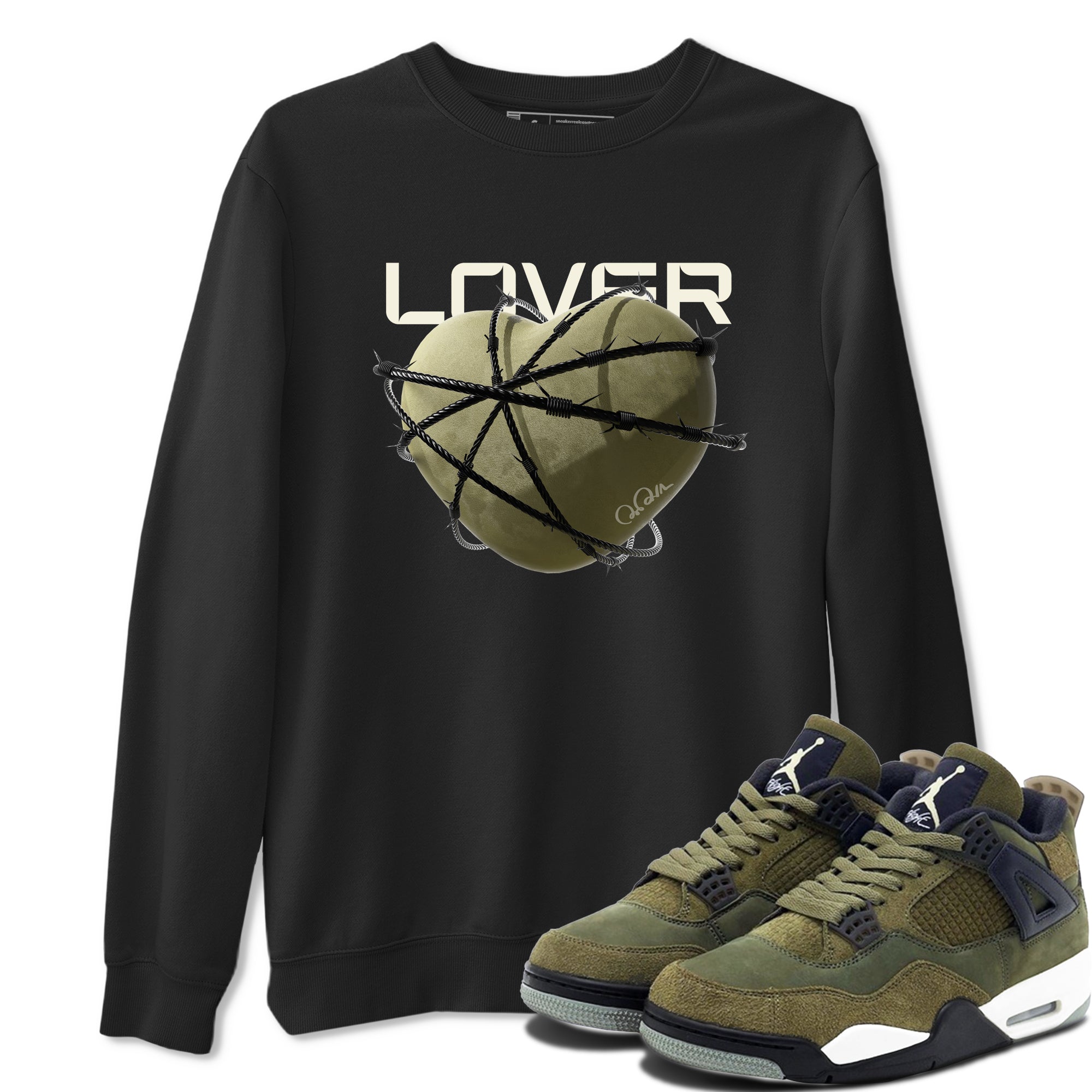 Air Jordan 4 Medium Olive shirt to match jordans streetwear brand Heart Lover sneaker tees AJ4Medium Olive Drip Gear Zone Unisex Black 1 T-Shirt