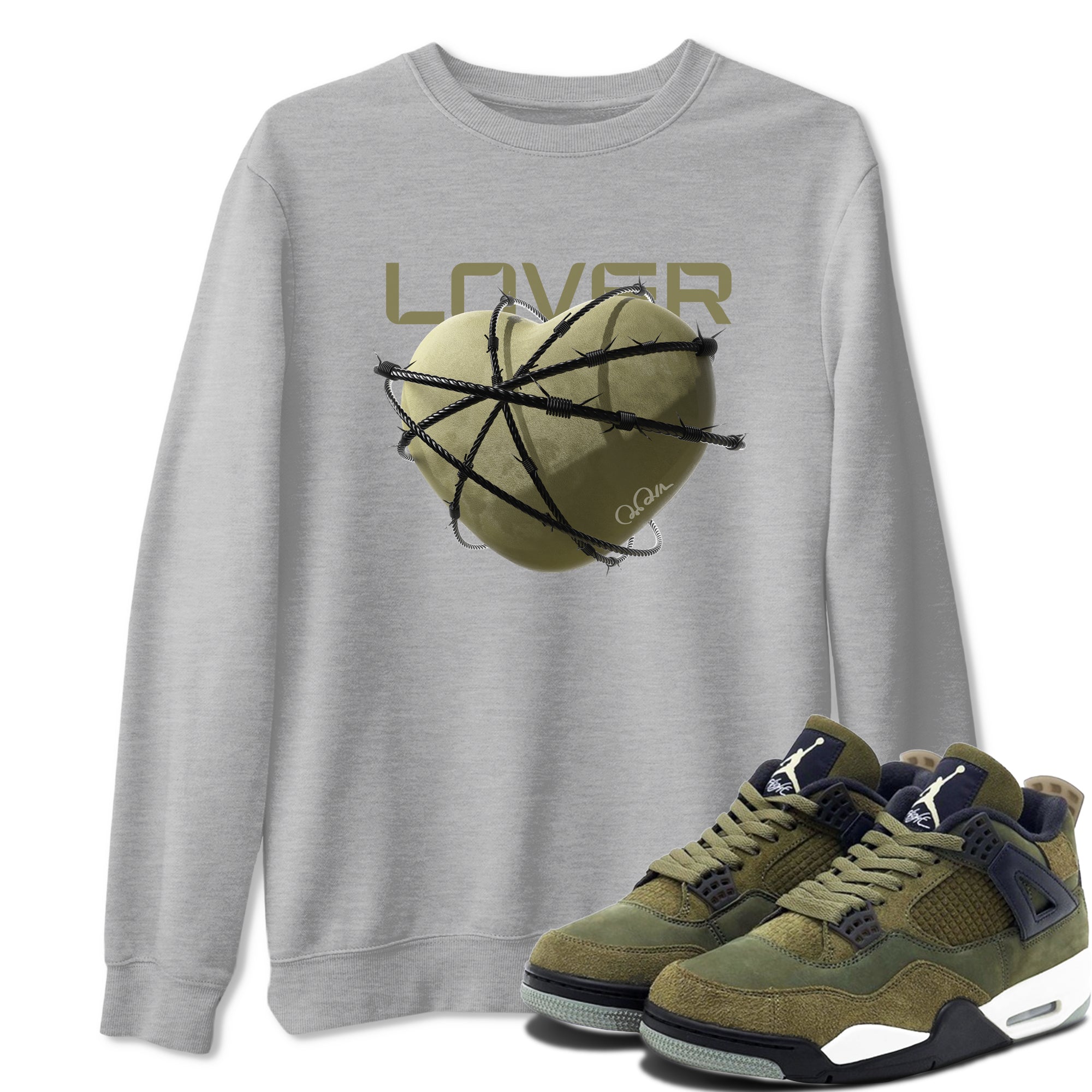 Air Jordan 4 Medium Olive shirt to match jordans streetwear brand Heart Lover sneaker tees AJ4Medium Olive Drip Gear Zone Unisex Heather Grey 1 T-Shirt
