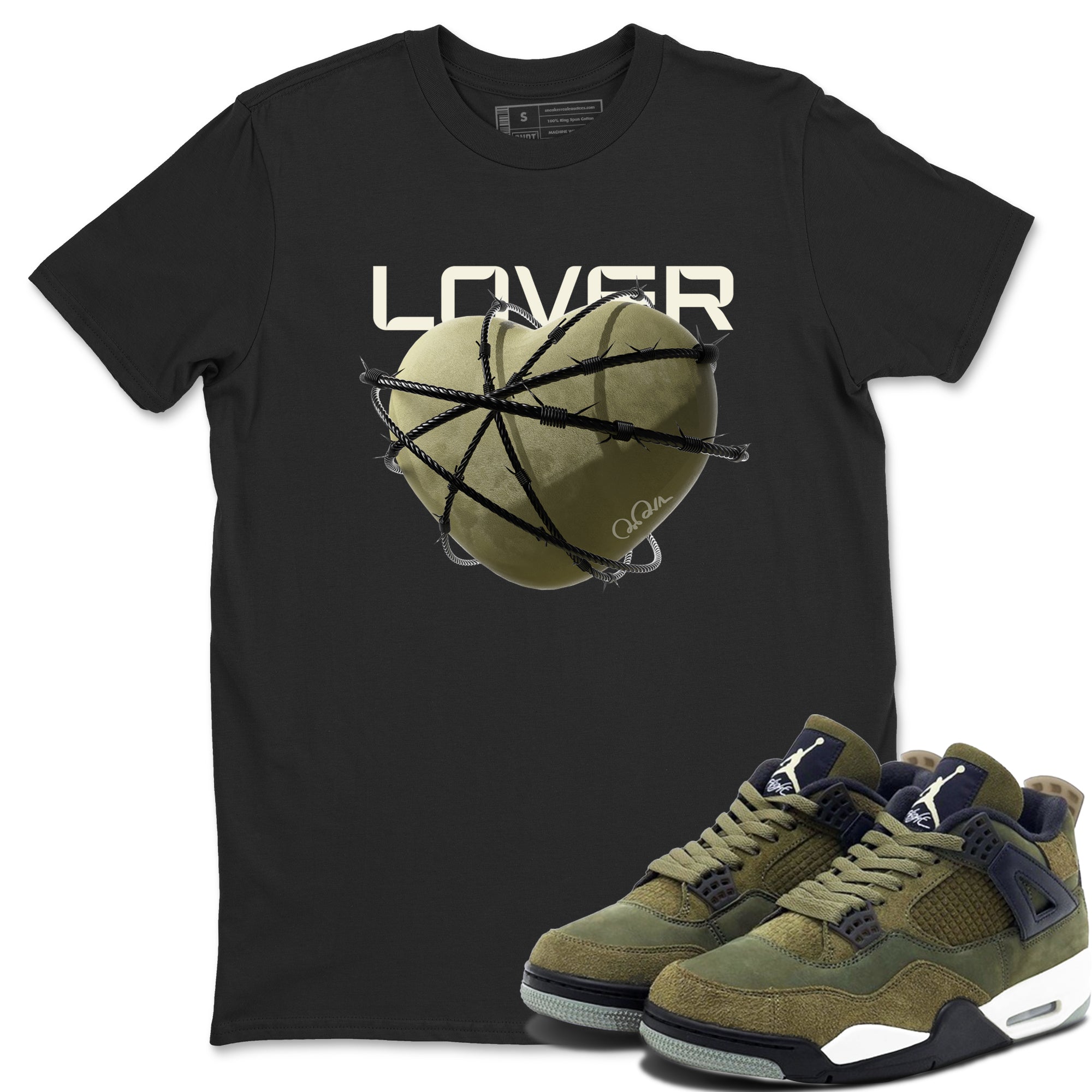 Air Jordan 4 Medium Olive shirt to match jordans streetwear brand Heart Lover sneaker tees AJ4Medium Olive Drip Gear Zone Unisex Black 1 T-Shirt