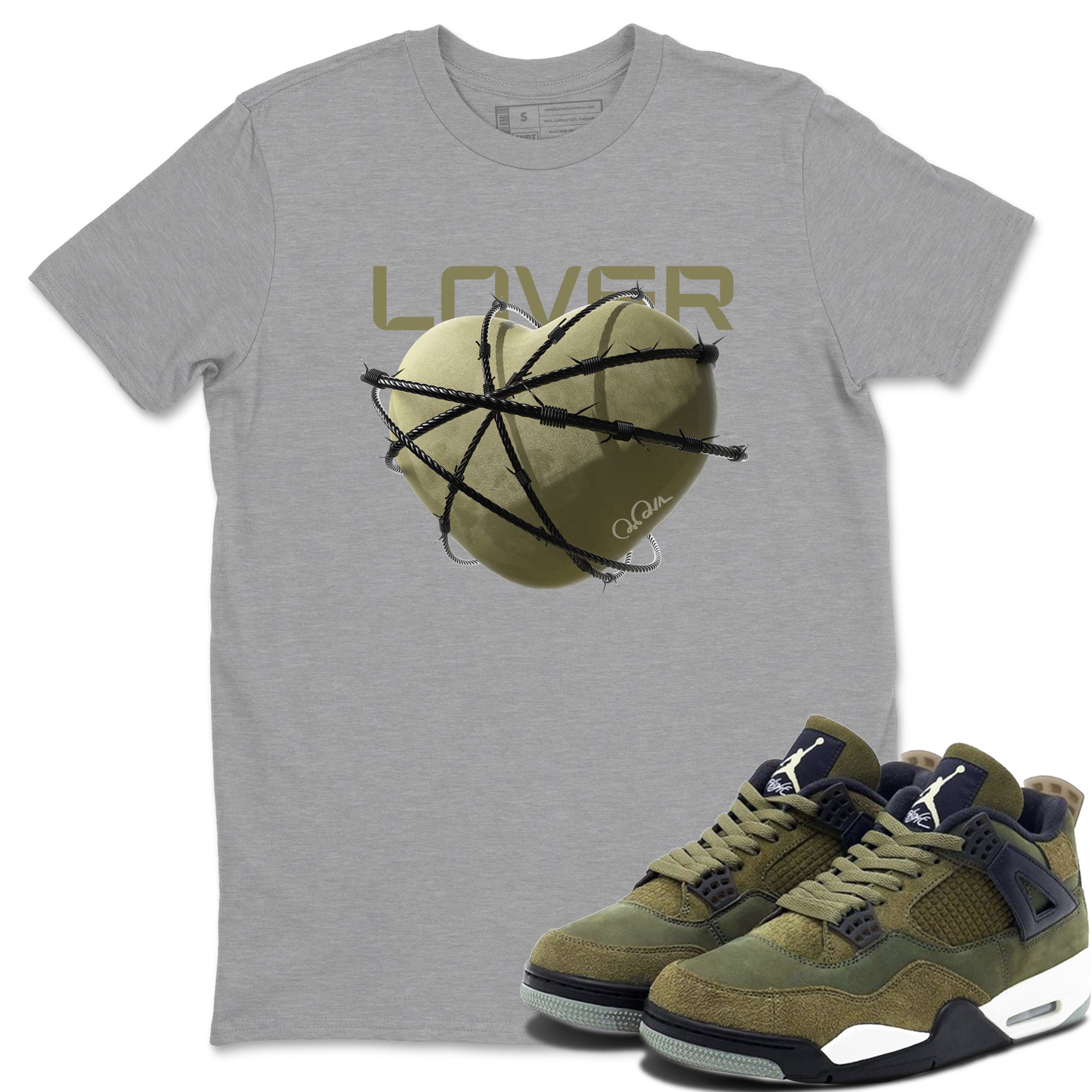 Air Jordan 4 Medium Olive shirt to match jordans streetwear brand Heart Lover sneaker tees AJ4Medium Olive Drip Gear Zone Unisex Heather Grey 1 T-Shirt