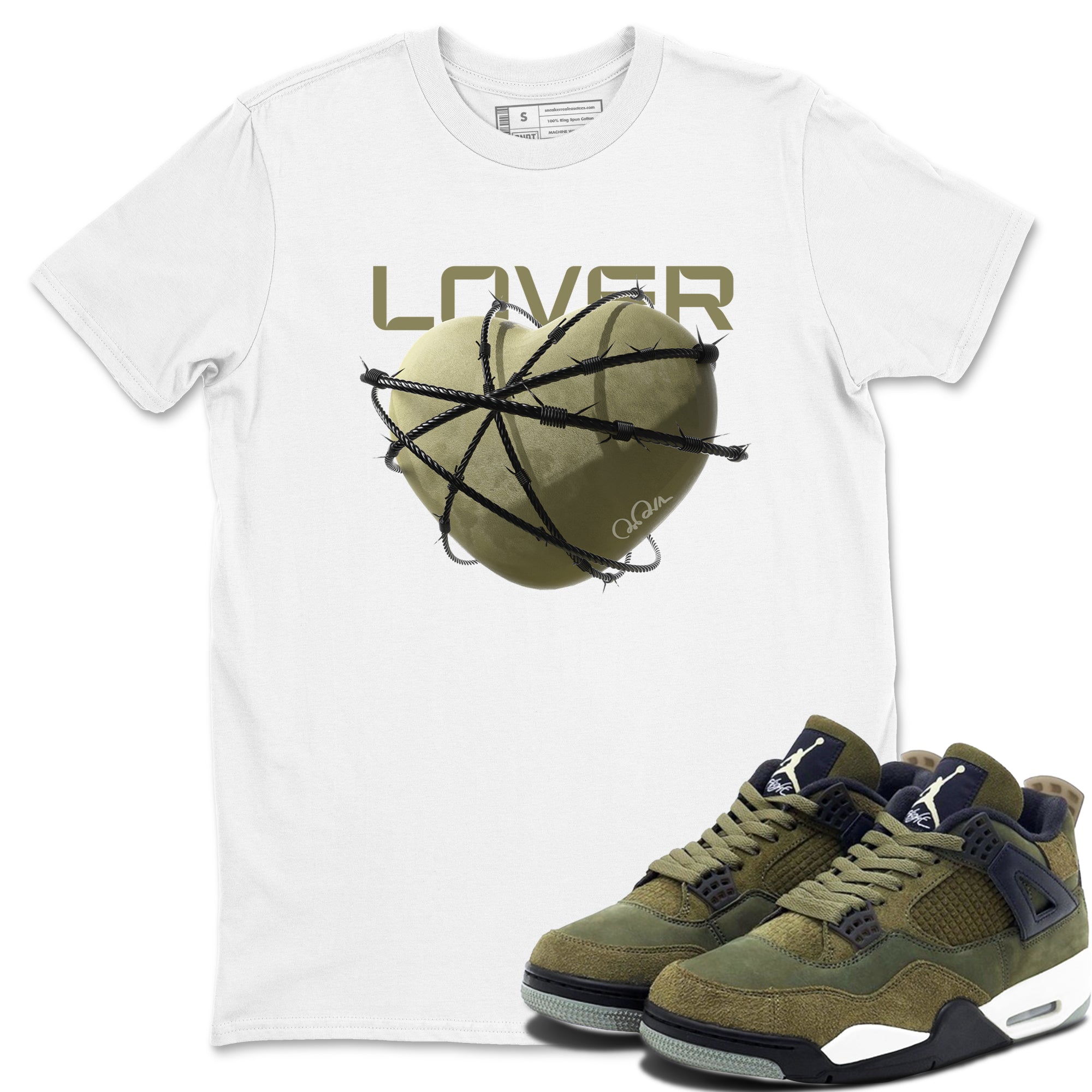 Air Jordan 4 Medium Olive shirt to match jordans streetwear brand Heart Lover sneaker tees AJ4Medium Olive Drip Gear Zone Unisex White 1 T-Shirt